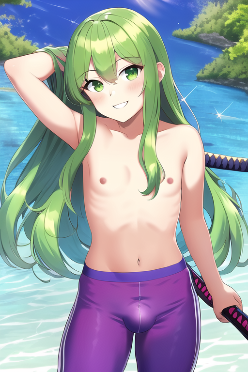 1boy ai_generated belly_button bulge bulge_through_clothing femboy ganbare_goemon genderswap_(ftm) green_eyes green_hair nipples novelai pants rule_63 smile topless yae_(ganbare_goemon)