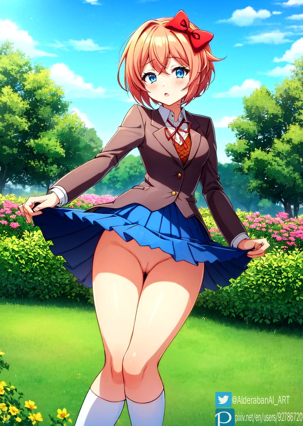 ai_generated blue_eyes blush clothed cute doki_doki_literature_club dress_lift female flowers just_sayori looking_at_viewer nature no_panties pussy red_bow sayori_(doki_doki_literature_club) school_uniform skirt_lift sky smol trees vagina