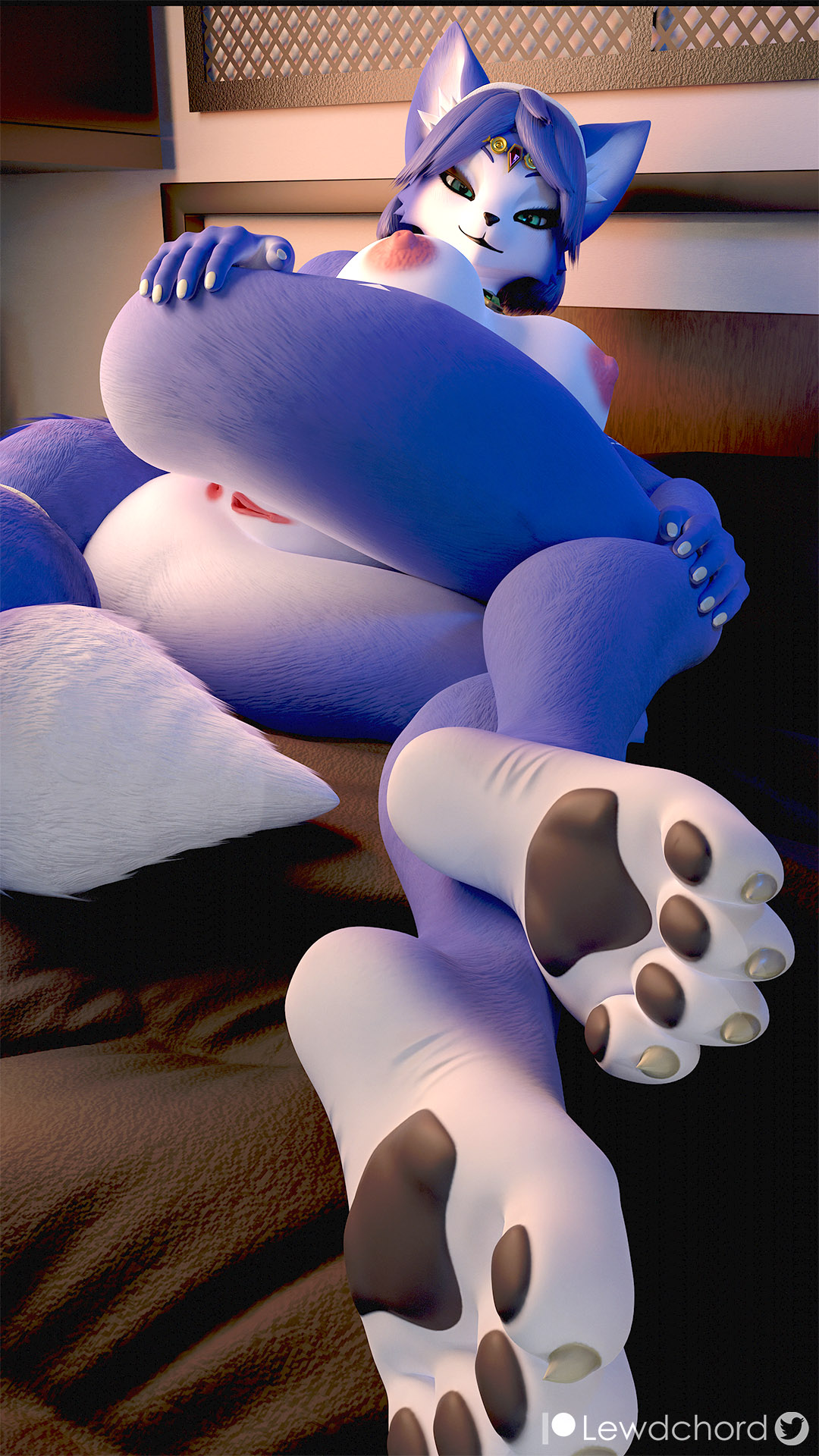 2023 3d_(artwork) accessory anthro anus areola bed bedroom_eyes big_breasts big_nipples blue_body blue_fur blue_hair breasts canid canine claws digital_media_(artwork) feet female foot_fetish foot_focus fox fur furniture genitals green_eyes hair hair_accessory hairband hi_res krystal lewdchord looking_at_viewer lying mammal narrowed_eyes nintendo nipples nude paws pink_nipples portrait presenting presenting_anus presenting_pussy pussy seductive short_hair smile smirk smirking_at_viewer solo star_fox tail tribal white_body white_fur