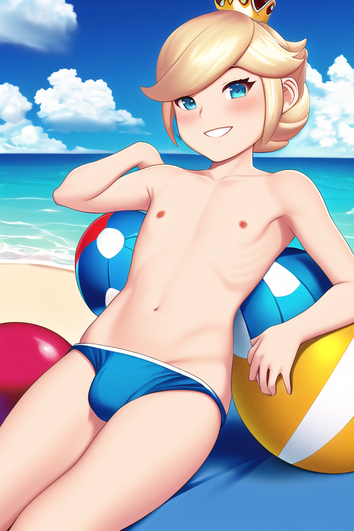 1boy ai_generated beach belly_button blonde_hair bulge bulge_through_clothing crown earrings femboy femboy_prince genderswap_(ftm) mario_(series) nipples novelai prince prince_ronaldo princess_rosalina rule_63 speedo swim_briefs swimsuit topless