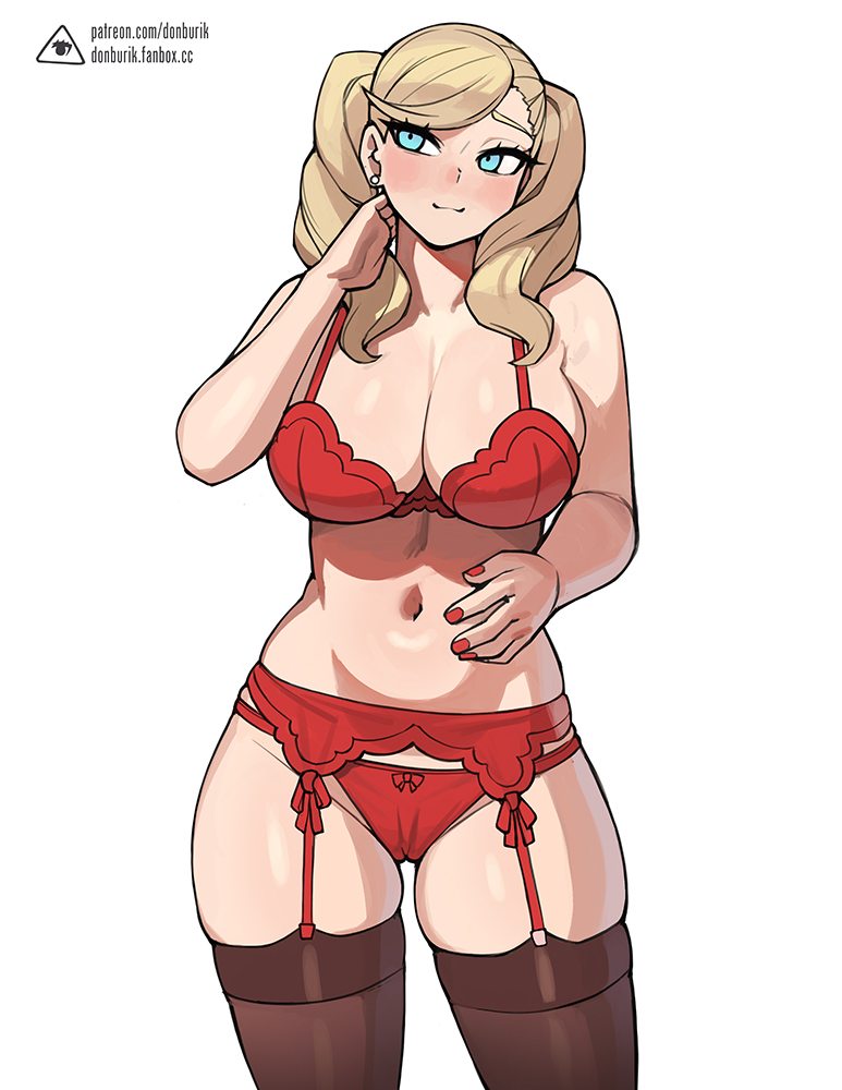 1girls :3 ann_takamaki atlus big_breasts black_legwear black_thighhighs blonde_hair blue_eyes blush bottomwear bra breasts cameltoe cleavage clothing donburikazoku ear_piercing earrings female female_only garter_belt garter_straps hair hand_on_neck lingerie long_hair looking_away matching_underwear panties persona persona_5 red_bra red_garter_belt red_garter_straps red_panties smile smug solo solo_female thick_thighs thighhighs thighs topwear twintails wide_hips