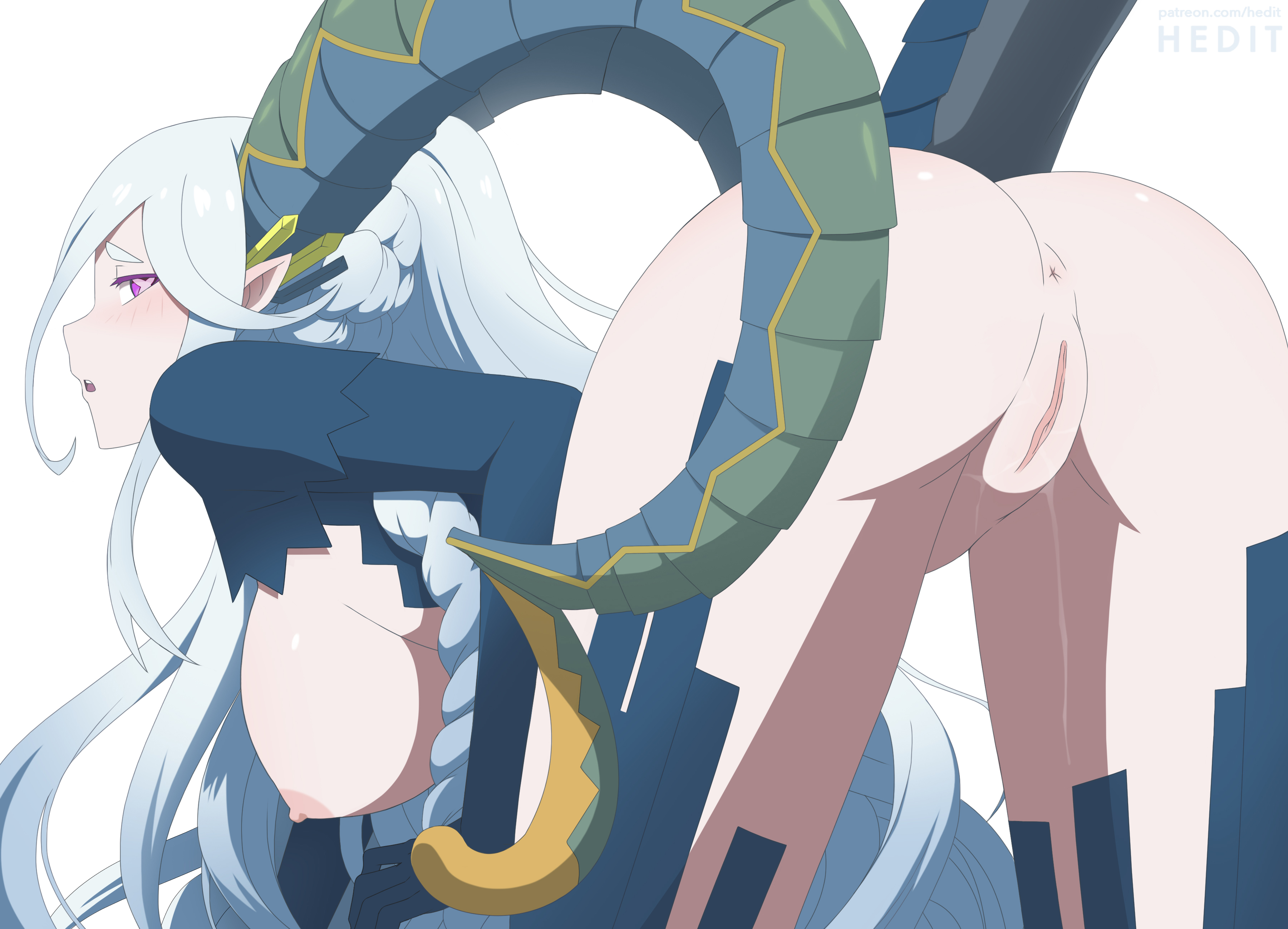 ass, big ass, big breasts, blue hair, braid, breasts, fate (series), fate/grand order, female, hedit, horns, pussy, red eyes, symbol-shaped pupils, tail, tiamat (fate), uncensored