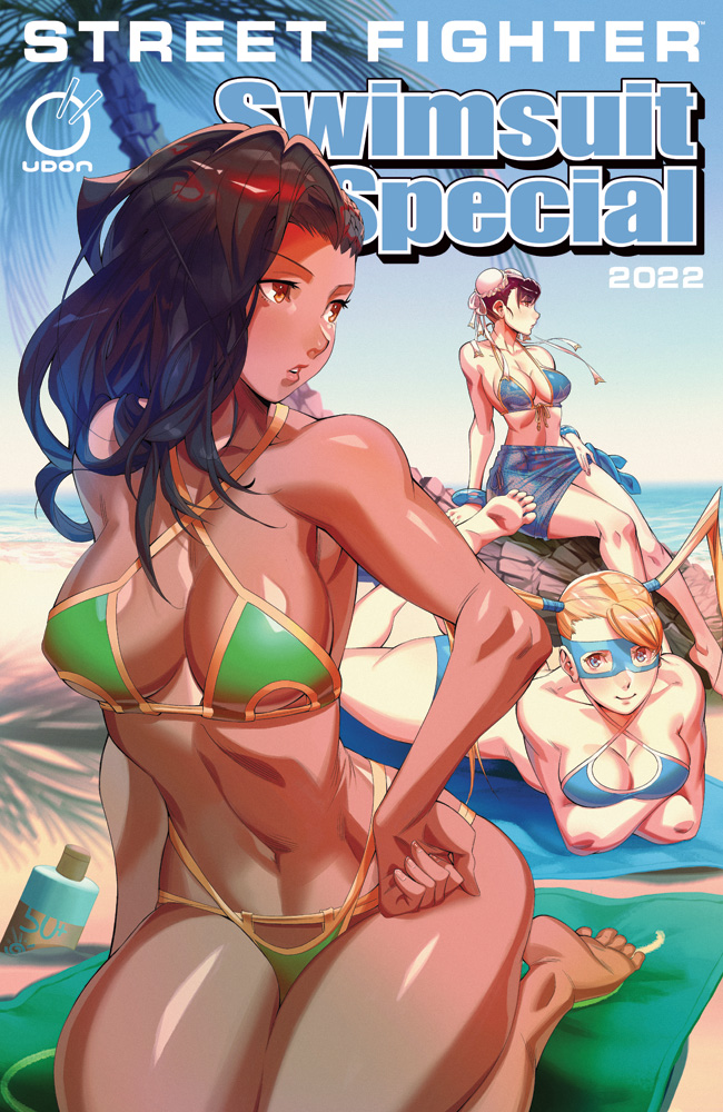 2022 3girls beach bikini black_hair blonde_hair blue_bikini brazilian brazilian_female breasts brown_hair bun_cover capcom chun-li commentary copyright_name dark-skinned_female dark_skin double_bun eye_mask female female_only front-tie_bikini_top front-tie_top fully_clothed green_bikini hair_bun kneeling laura_matsuda lying magazine magazine_cover multiple_girls ocean on_stomach palm_tree panzer_(pnzrk) rainbow_mika revealing_clothes sand sarong sitting street_fighter swimsuit tree twintails udon_entertainment