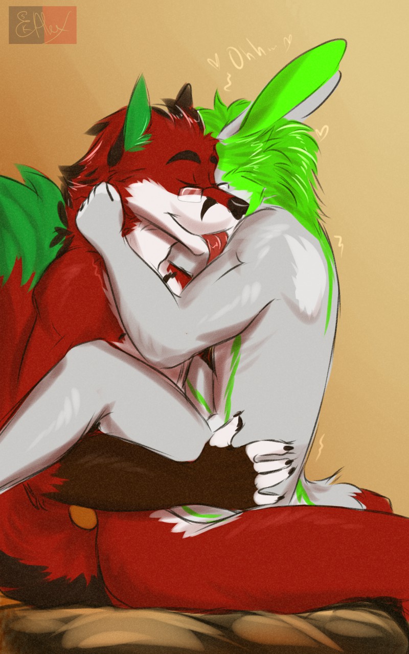 2020 afaeleon_(aleksikashvets) aleksikashvets anthro black_ears black_nose canid canine closed_eyes duo embrace eyewear fox from_front_position fur genitals glasses gloves_(marking) green_hair green_inner_ear green_tail_tip hair hi_res hip_grab humanoid_genitalia humanoid_penis lagomorph leporid licking licking_another licking_partner male male/male male_focus male_only mammal markings mastery_position moan original original_character original_characters penis pink_tongue rabbit red_body red_fur sex simple_background sitting tongue tongue_out victor_johansen wearing_glasses white_body white_fur