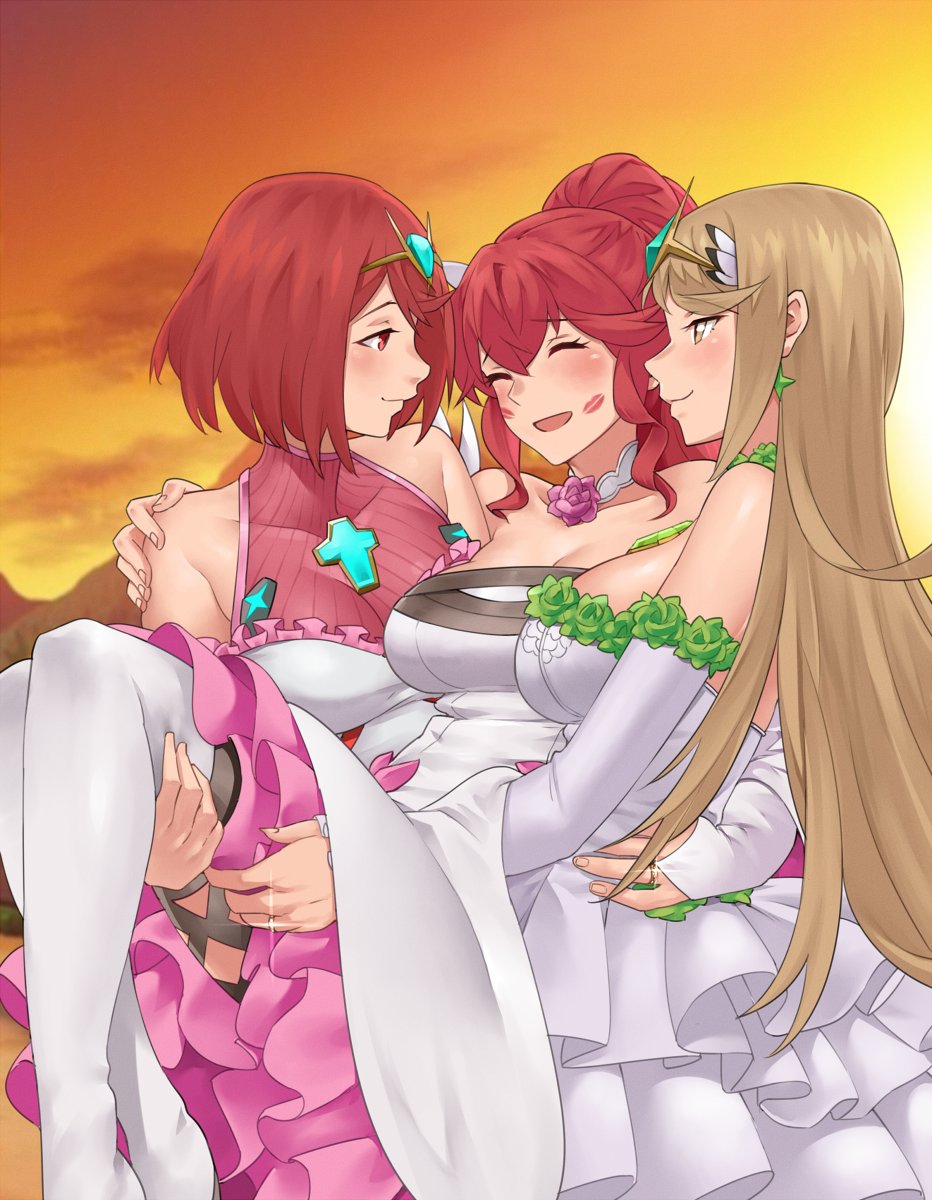 3girls anna_(fire_emblem) blonde_hair breasts bride carrying carrying_partner choker closed_eyes core_crystal crossover dress earrings fire_emblem happy happy_female igni_tion kiss_mark large_breasts laughing lipstick_mark long_hair love loving_gaze mythra nintendo polygamy ponytail pyra red_dress red_eyes red_hair ring short_hair smile tiara trio wedding_dress wedding_ring white_dress wholesome wife_and_wife_and_wife xenoblade_(series) xenoblade_chronicles_2 yellow_eyes yuri