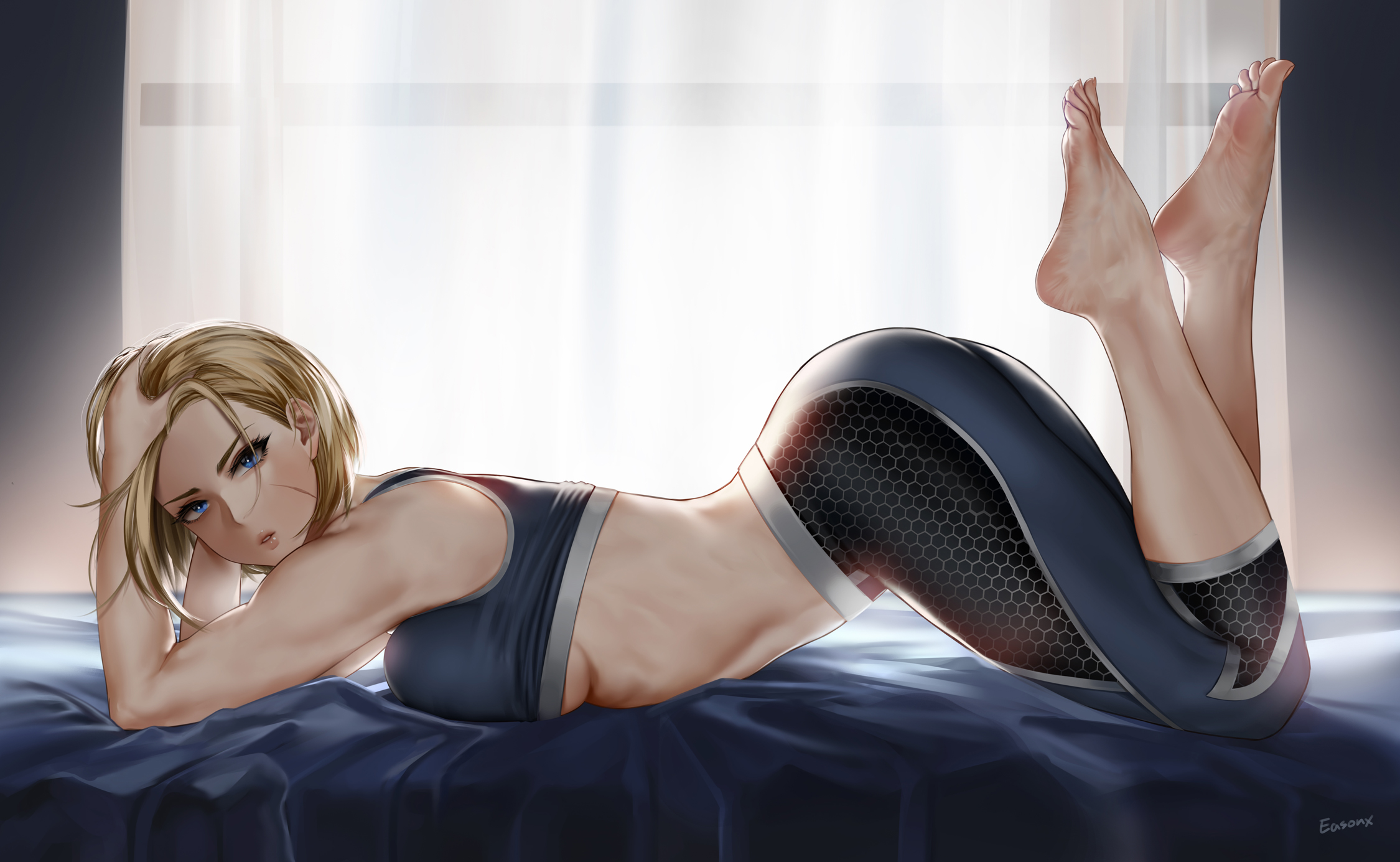 1girls, arched back, ass, ass up, athletic, athletic female, barefoot, blonde hair, blue eyes, breasts, cammy white, easonx, feet, feet up, female, female only, fit, fit female, fully clothed, highres, leggings, looking at viewer, lying, lying on stomach, medium hair, muscular, muscular female, on stomach, parted lips, side view, sideboob, soles, solo, sports bra, street fighter, street fighter 6, tight clothing, toes, voluptuous, workout clothes, yoga pants