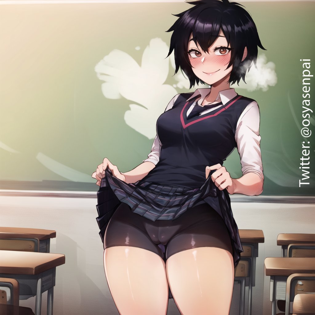1girls, aged up, ai generated, black hair, blush, brown eyes, dark hair, female, female only, human, human only, lifted by self, lifting skirt, light skin, light-skinned female, looking at viewer, marvel, marvel comics, older, osyasenpai, peni parker, short hair, shorts, smile, solo, solo female, spider-man (series), spider-man: into the spider-verse, stable diffusion, thick thighs, thighs, tight clothing, tomboy