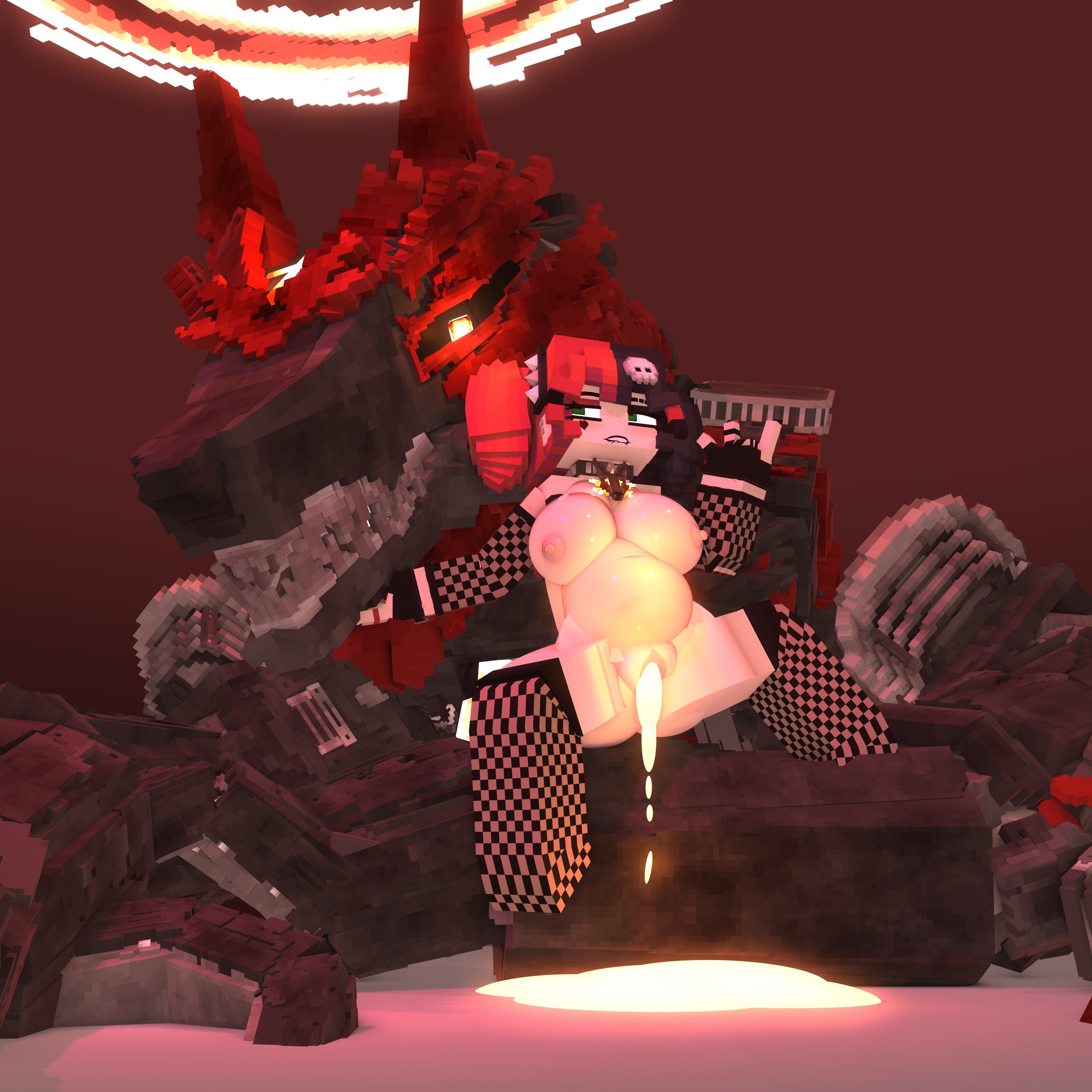 1boy, 1girls, 3d, after sex, after vaginal, areolae, armwear, big breasts, black hair, breasts, canine, collar, cum, cum in pussy, cum leaking, ellie walls (odysseyellie), excessive cum, female, fishnet armwear, fishnet legwear, glowing cum, glowing eyes, goth girl, green eyes, hair ornament, horny female, human female, humanoid, interspecies, larger male, legwear, light skin, light-skinned female, male, male/female, mine-imator, minecraft, monster, multicolored hair, nipples, nzeraven, pussy, red hair, size difference, skull hair ornament, smaller female, tagme, twintails
