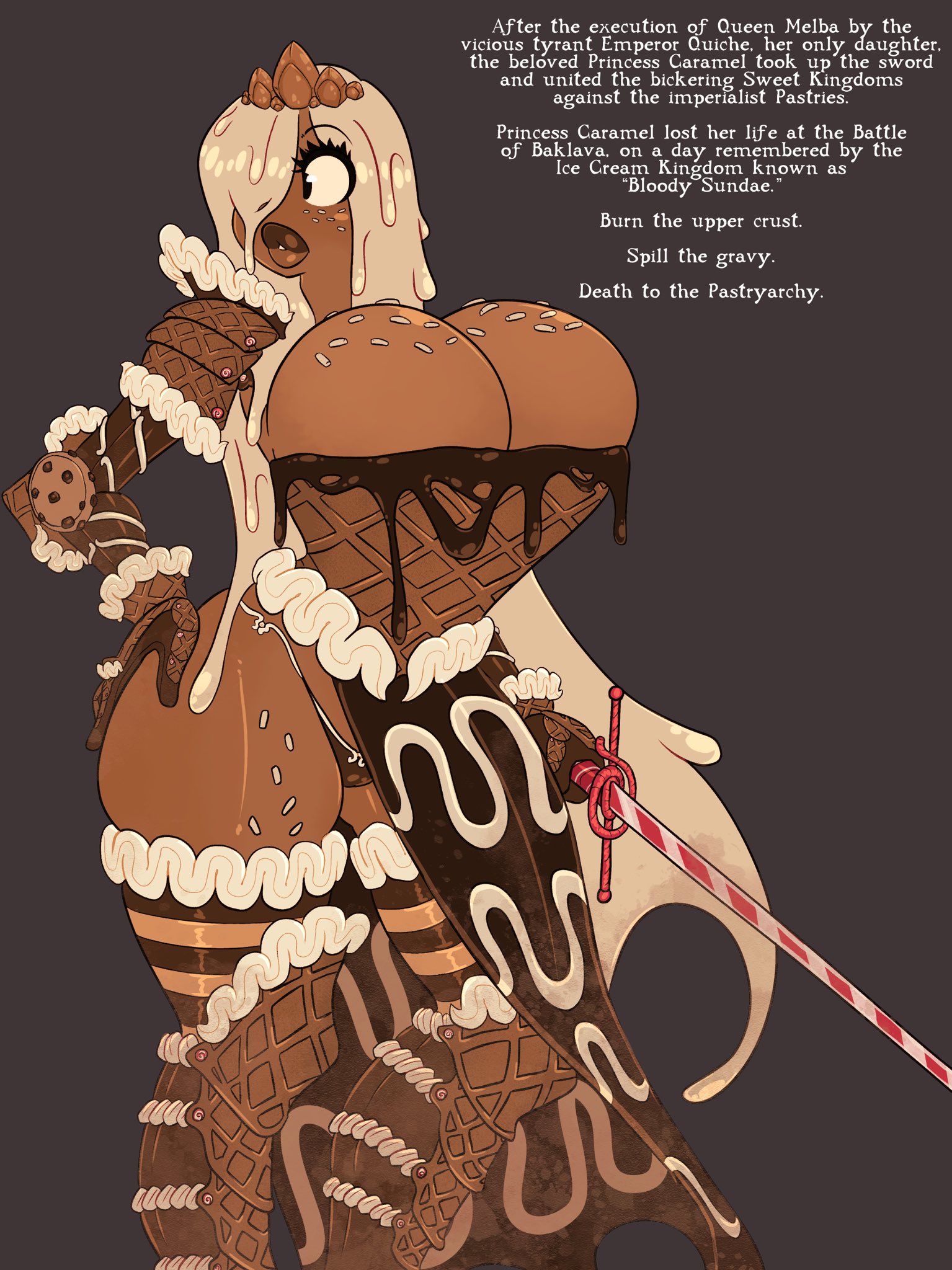 big breasts, big lips, boob window, breasts, candy, cleavage, corset, curvy, dark skin, dark-skinned female, eyebrows visible through hair, eyelashes, female, huge breasts, jack cayless, large breasts, one eye obstructed, panties, rapscallion, rapscallion art, revealing clothes, solo, text, thick thighs, thighhighs, voluptuous, wide hips