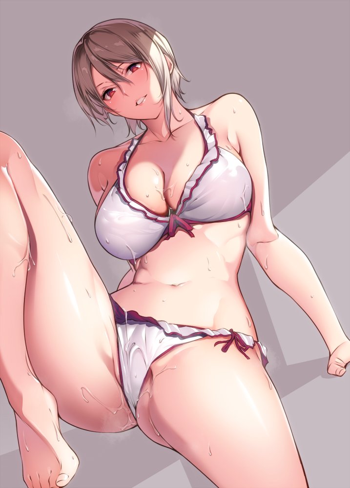 10s alluring barefoot bikini breasts cleavage collarbone crotch female from_above grey_background groin large_breasts leg_up looking_at_viewer looking_down nakiri_alice nanao_(mahaya) red_eyes shaded_face shokugeki_no_souma short_hair silver_hair simple_background sitting solo spread_legs sweat swimsuit thighs toes wet white_bikini