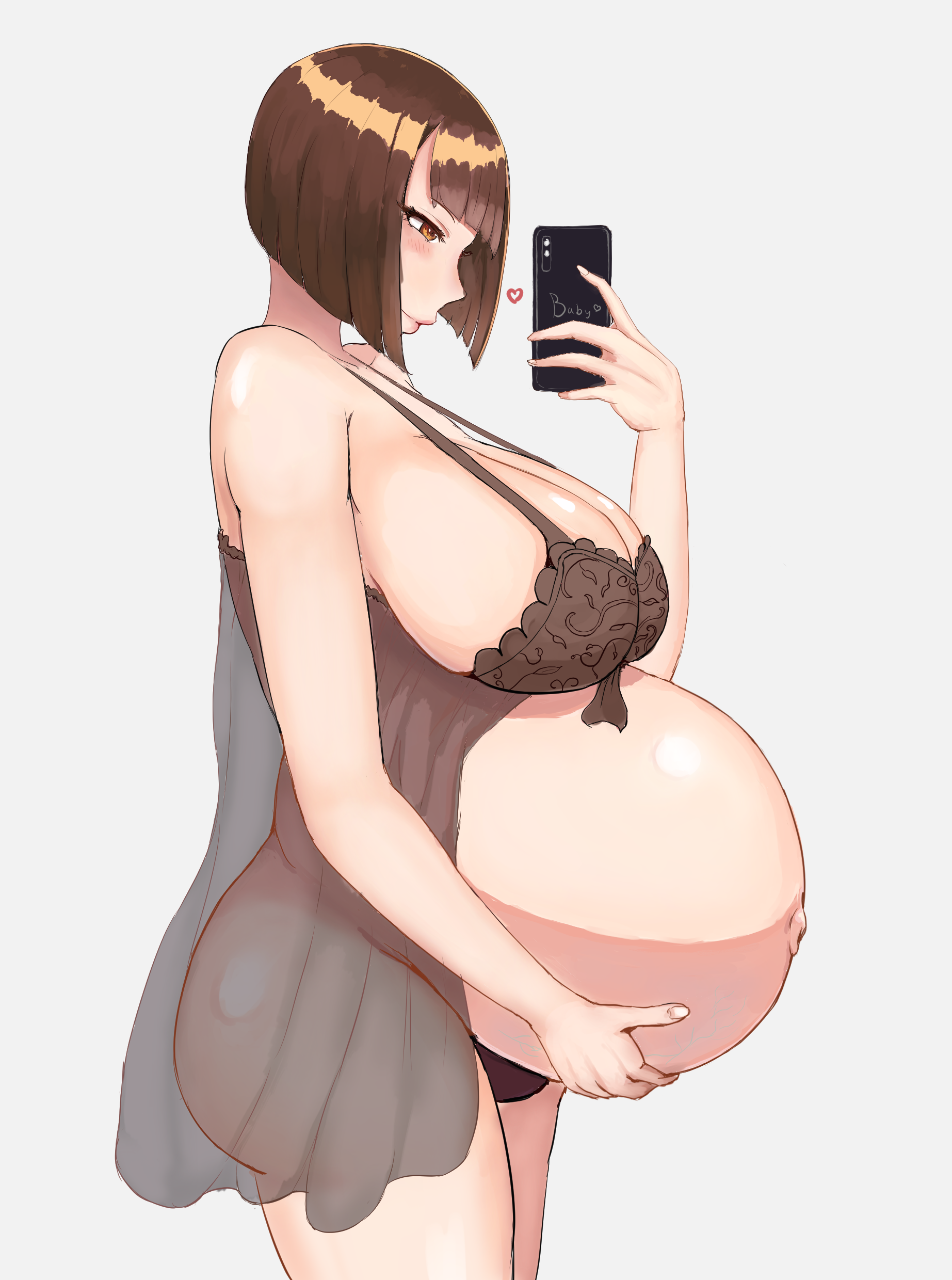 1girls, artist request, belly, big belly, big breasts, bra, breasts, brown hair, cleavage, female, huge breasts, lingerie, milf, panties, pregnant, selfie, smartphone
