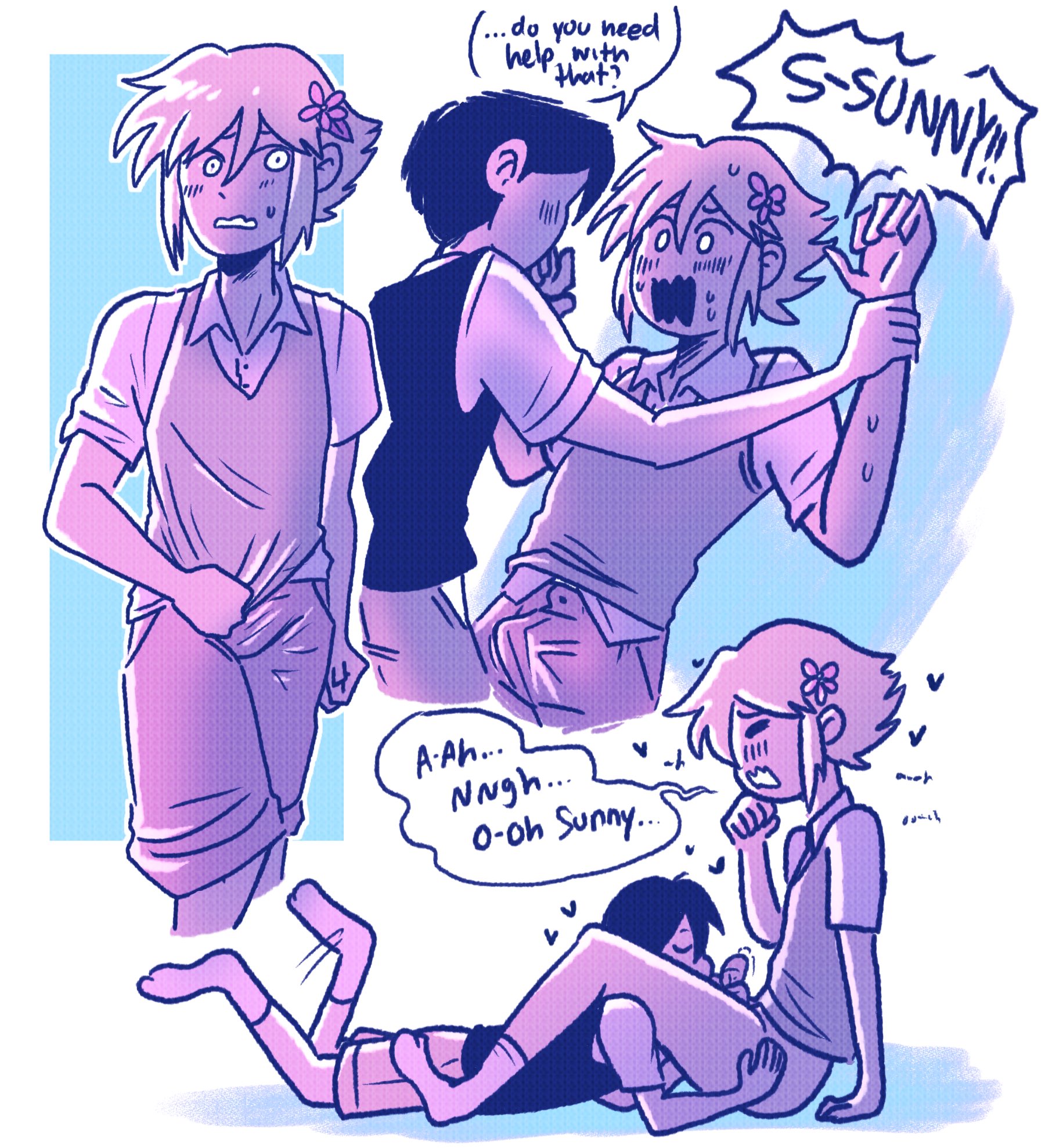 2boys, basil (omori), boner, dialogue, gay, hearts around head, kissing penis, male, omori, penis, sunny (omori), trashyowls, yaoi