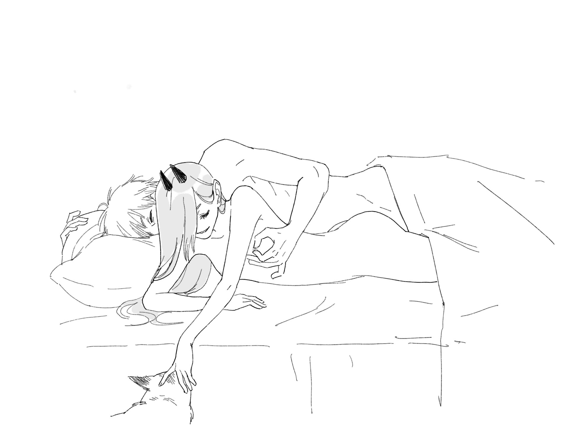 1boy, 1girls, after sex, ass, chainsaw man, denji (chainsaw man), feline, female, flat chest, flat chested, horns, long hair, lying on bed, male, meowy (chainsaw man), morning after, on bed, pillow grab, pinching nipples, power (chainsaw man), straight, waking up