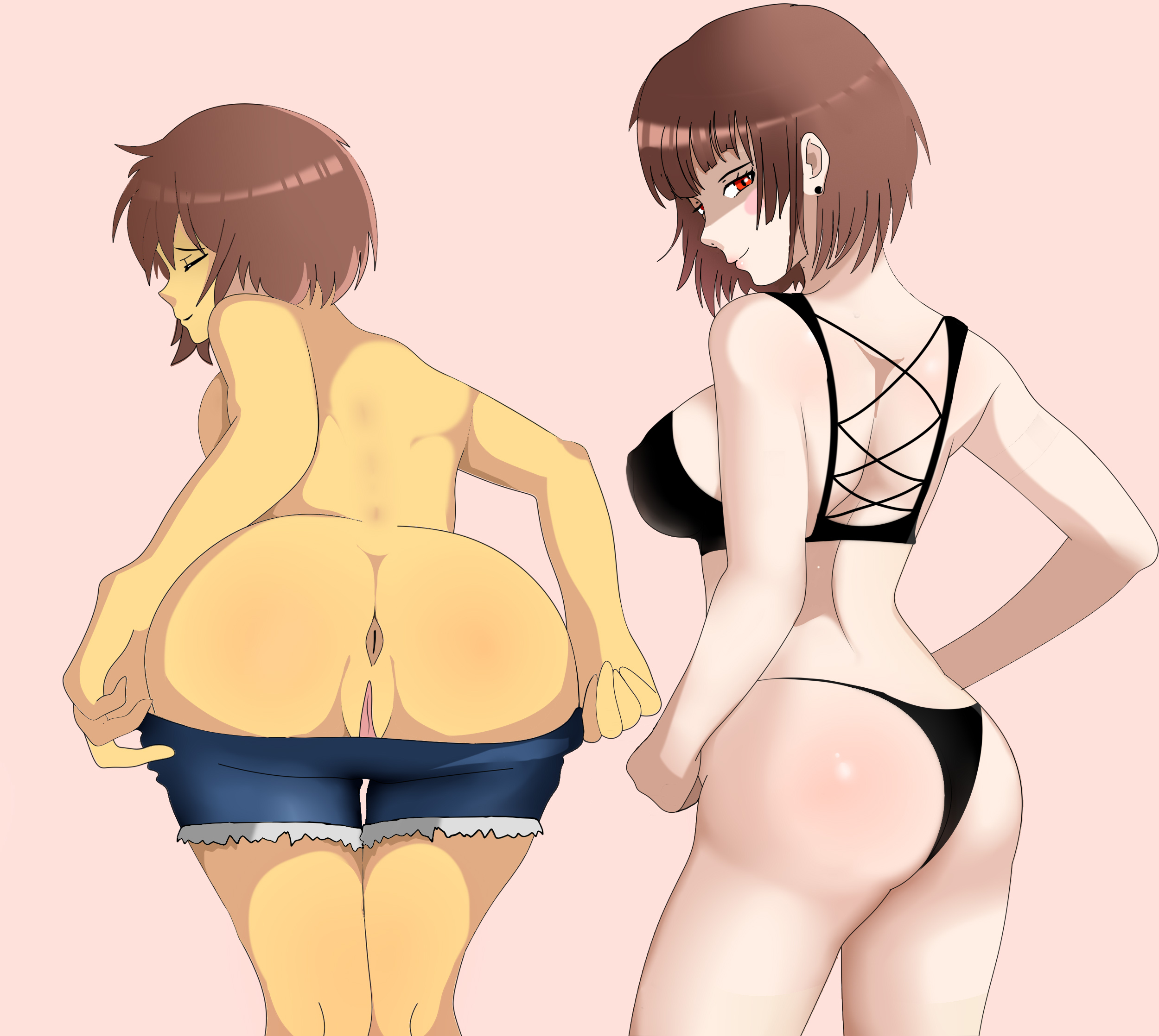 2girls, anus, ass, ass focus, black bra, black lingerie, black panties, black underwear, bra, brown hair, chara, female, female chara, female frisk, female only, frisk, human, indigopencil, light skin, light-skinned female, lingerie, looking at viewer, looking back, multiple females, multiple girls, nude, panties, pants down, pants pulled down, patreon, pussy, red eyes, short hair, shorts, simple background, solid color background, spread anus, twitter username, undertale, undertale (series), underwear, undressing, vaginal penetration, video games