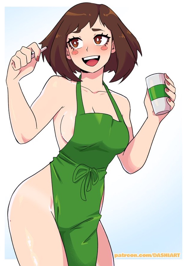 1girls apron areola_slip breasts casual cup dashi_art female human iced_latte_with_breast_milk my_hero_academia naked_apron ochako_uraraka outerwear pale_skin short_hair solo starbucks