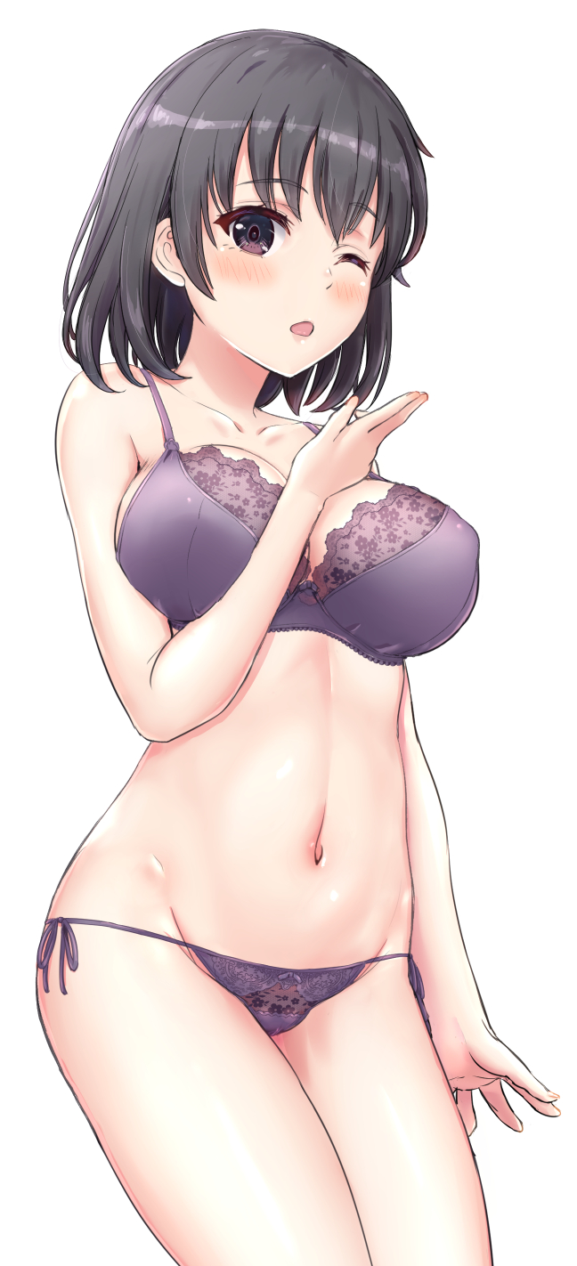 1girls alluring black_eyes black_hair blush bra breasts cleavage collarbone commentary_request cowboy_shot highres inanaki_shiki large_breasts looking_at_viewer my_teen_romantic_comedy_snafu navel open_mouth panties purple_bra purple_panties short_hair silf simple_background solo standing underwear white_background yukinoshita_haruno