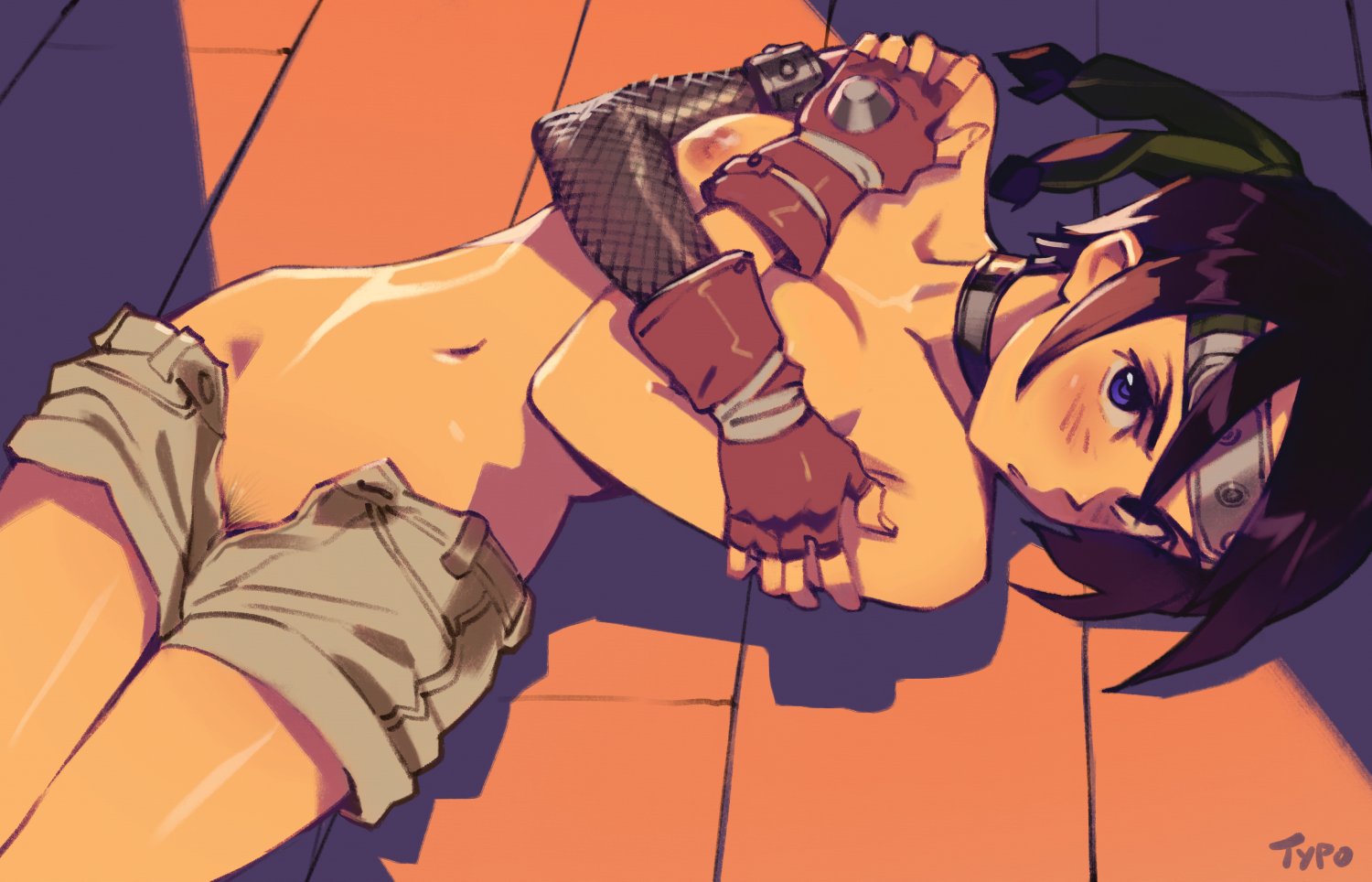 1girls, black hair, blush, breasts, crossed arms, female, female focus, female only, final fantasy, final fantasy vii, fingerless gloves, gloves, headband, lying, lying on back, nipples, on ground, optionaltypo, pubes, pubic hair, pubic hair peek, purple eyes, short hair, short shorts, shorts, smooth skin, solo, square enix, thighs, unzipped shorts, yuffie kisaragi