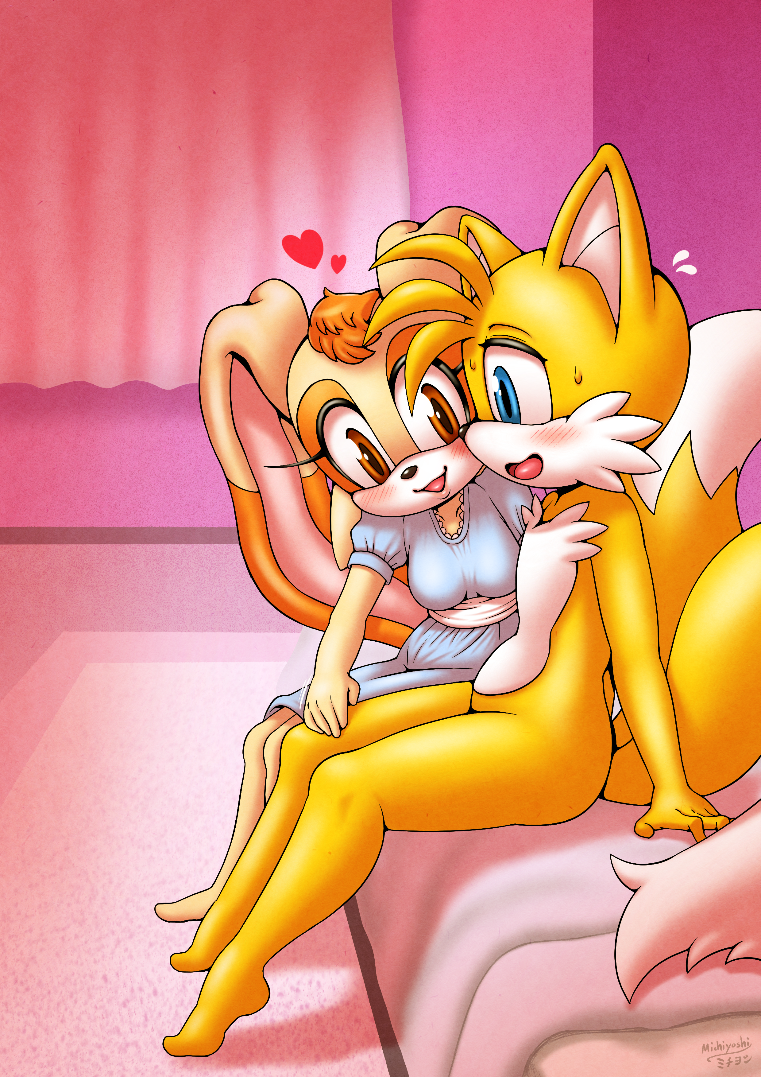 1boy, 1girls, aged up, anthro, bed, blue eyes, blush, breasts, brown eyes, canid, canine, clothed, clothing, cream the rabbit, female, fox, furry, heart, lagomorph, leporid, male, mammal, michiyoshi, miles prower, rabbit, sega, small breasts, sonic (series), tails, tails the fox
