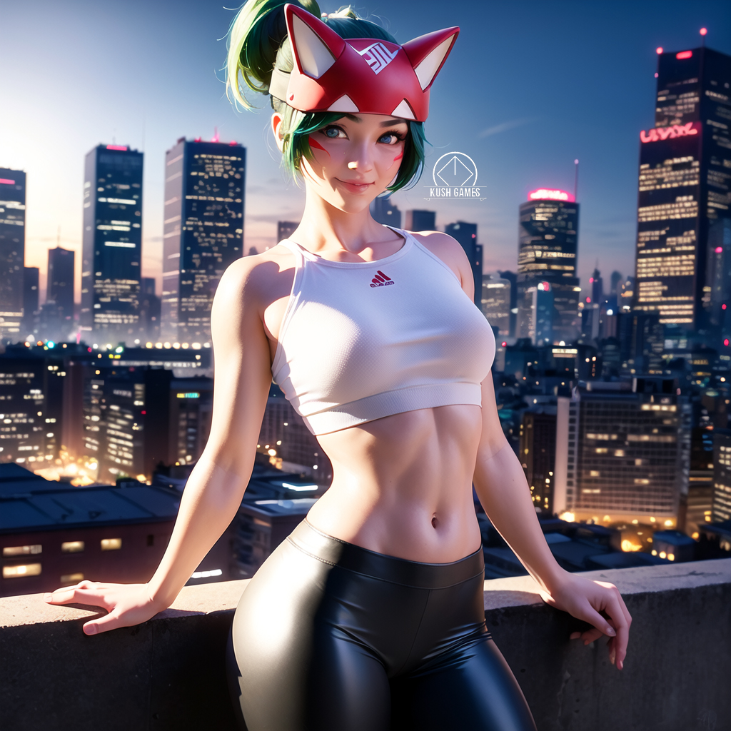 abs, ai generated, asian, asian female, belly button, blush, female, green hair, gym uniform, headwear, kiriko (overwatch), kush games, leggings, light skin, light-skinned female, midriff, overwatch, overwatch 2, pale skin, pale-skinned female, skinny, sports bra, white skin