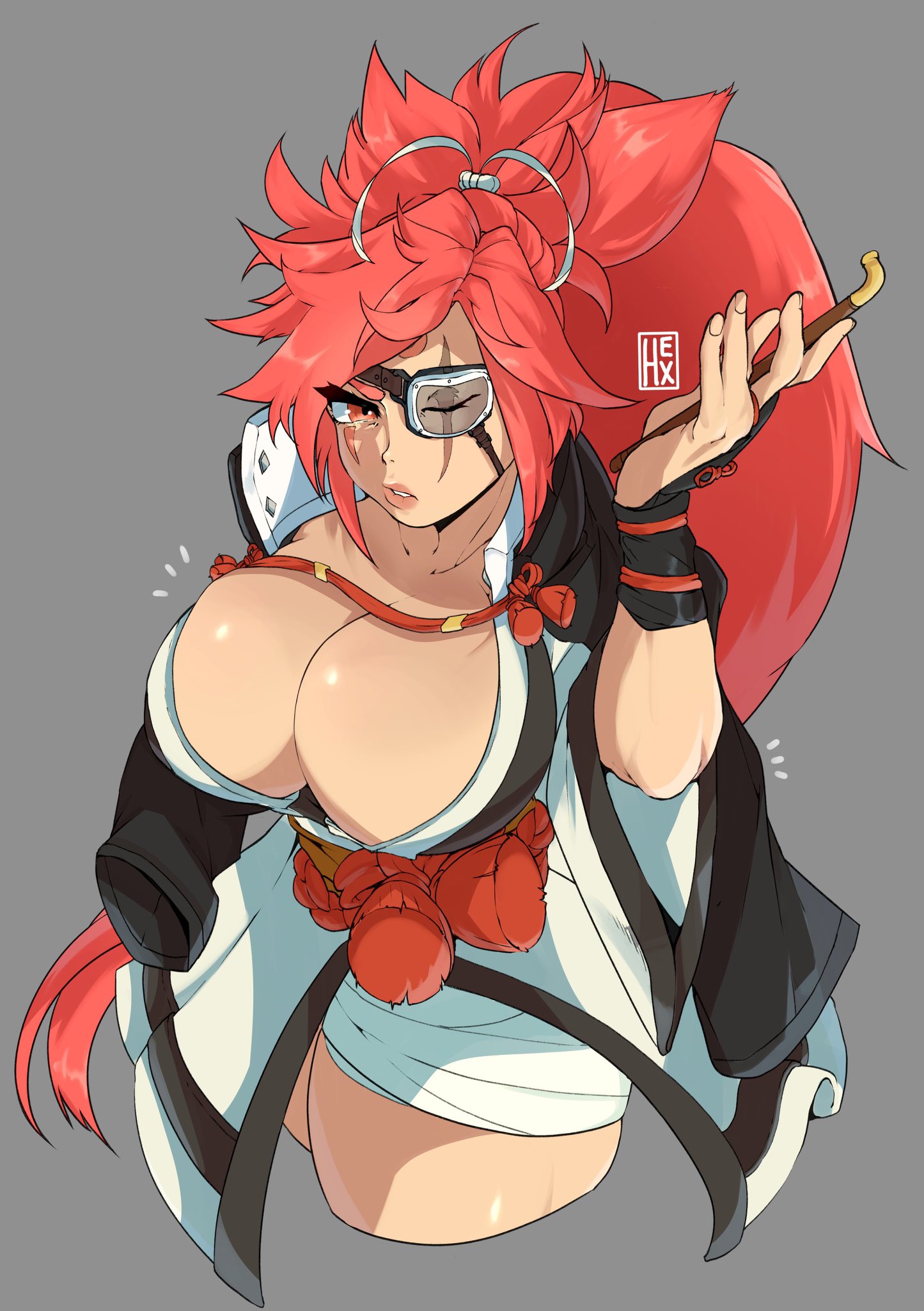 1girls, baiken, big breasts, big thighs, breasts, coat, eye patch, eyepatch, female, guilty gear, guilty gear strive, hexprinxess, katana, light skin, light-skinned female, long hair, ponytail, red hair, solo, solo female, sword, thighs, weapon