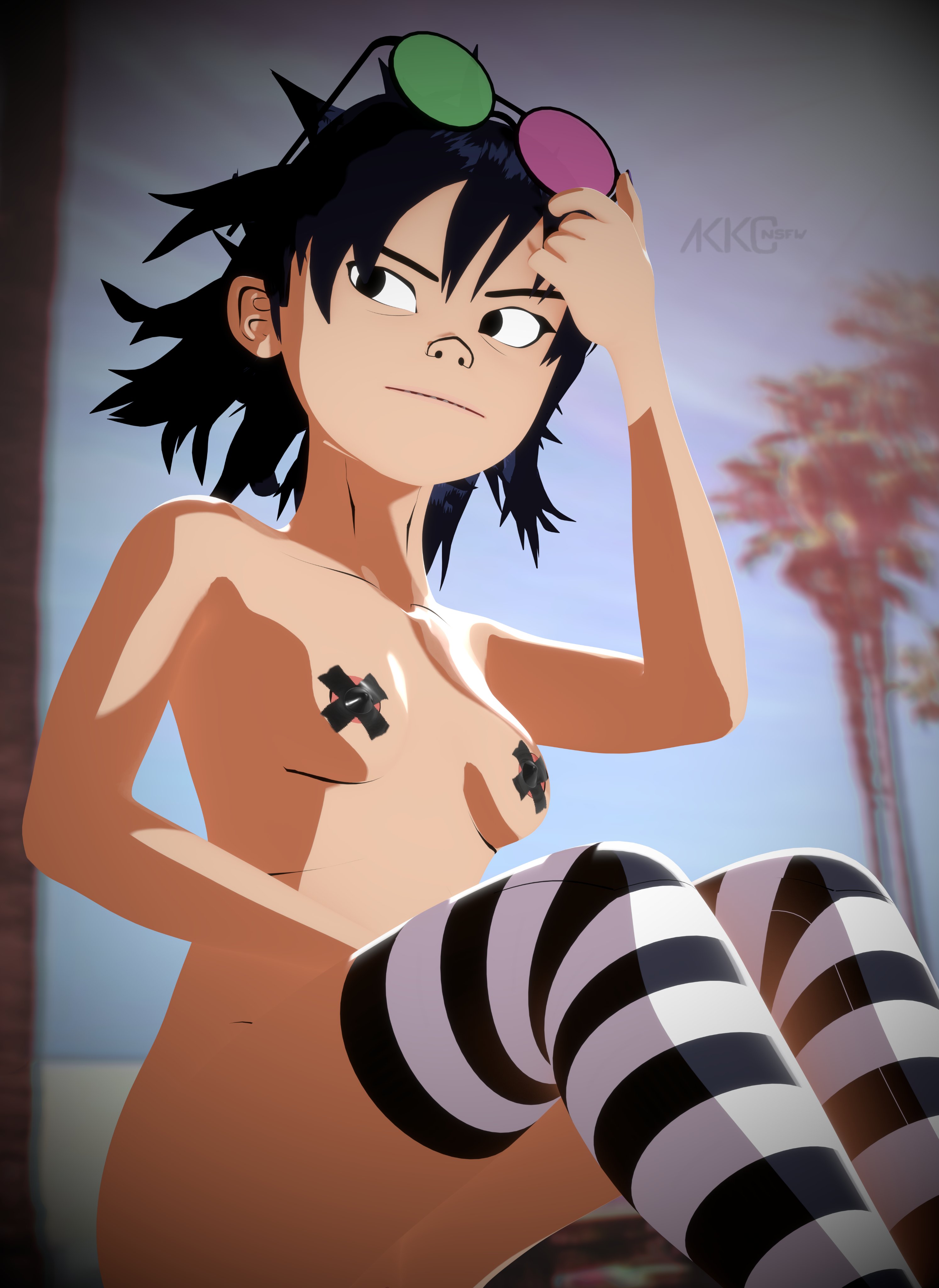 1girls, 3d, akkonsfw, beach, black eyes, black hair, blurry, blurry background, breasts, eyewear on head, female, glasses, glasses on head, gorillaz, nipple covers, noodle (gorillaz), nude, pasties, self upload, short hair, sitting, small breasts, solo, striped, striped thighhighs, sunglasses, tagme, thighhighs