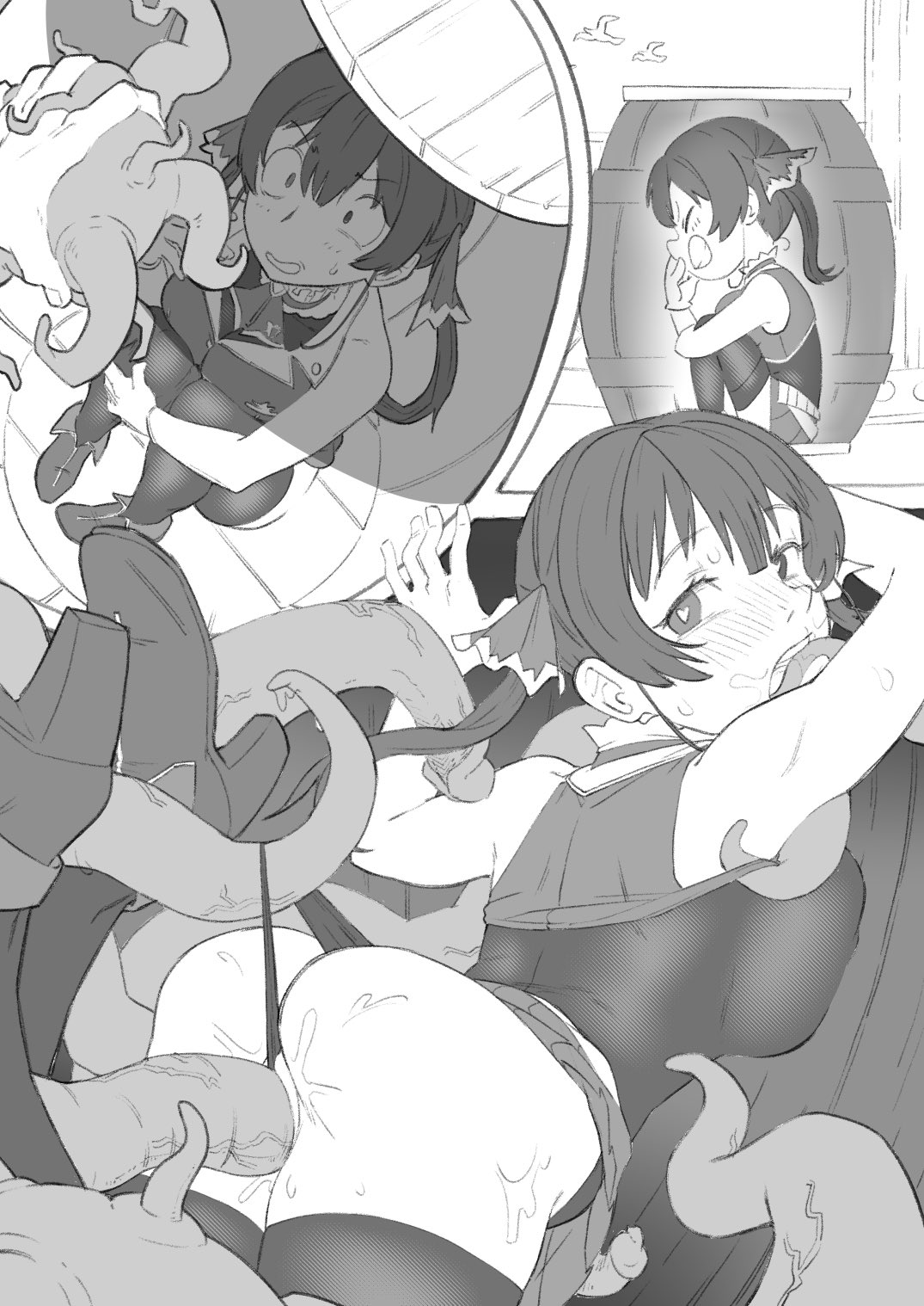 1girls, barrel, bondage, clothed sex, female, heart eyes, heart-shaped pupils, hololive, hololive fantasy, hololive japan, houshou marine, leotard, light skin, light-skinned female, monochrome, panty pull, penetration, pussy, rape, red hair, sketch, skirt, tentacle, tentacle sex, trapped, ushisan, vaginal penetration, virtual youtuber