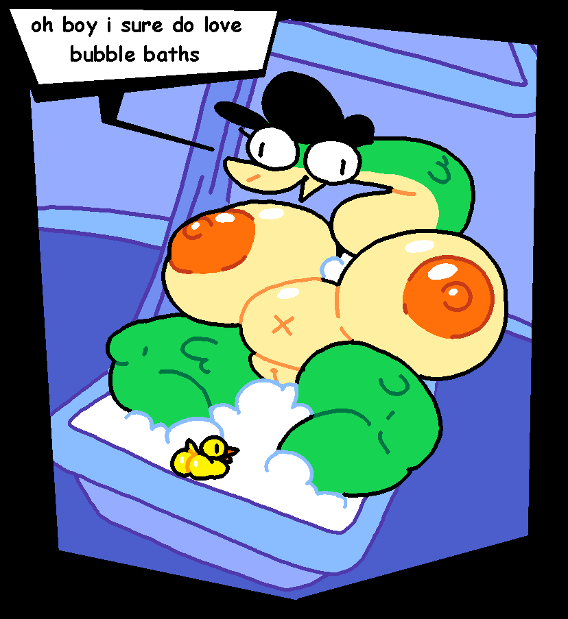 anthro bath bathing bathroom big_breasts breasts bubble clothing derp_eyes female genitals hat headgear headwear long_neck lucy_swallows pussy reptile rubber_duck scalie shiin_(edit) snake solo superiorfox text thick_thighs