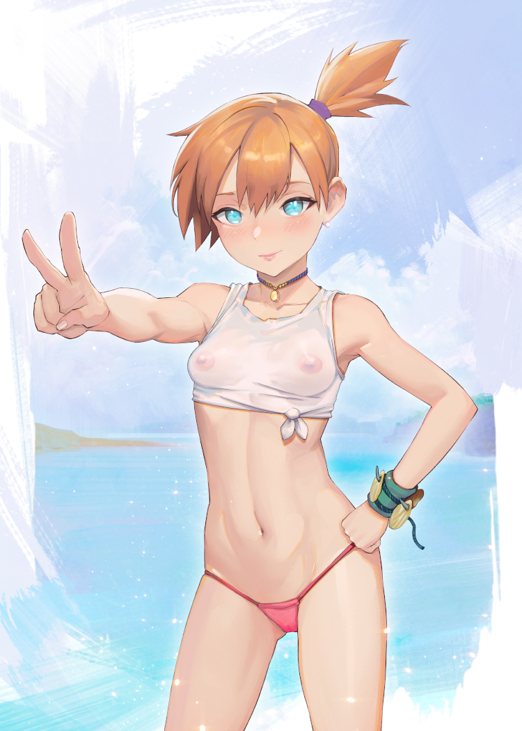 abs aqua_eyes armpits asymmetrical_hair bangs blue_eyes blush breasts closed_mouth clothing creatures_inc. feet female female_only game_freak hair_tie jewelry kasumi_(pokemon) legs misty_(pokemon) misty_(pokemon_lgpe) muscle navel necklace nintendo nipples orange_hair pokemon pokemon_(game) pokemon_character pokemon_lgpe pokemon_rgby ponytail revealing_clothes shirt short_hair side_ponytail solo thighs thong tied_hair v water white_shirt yugen99