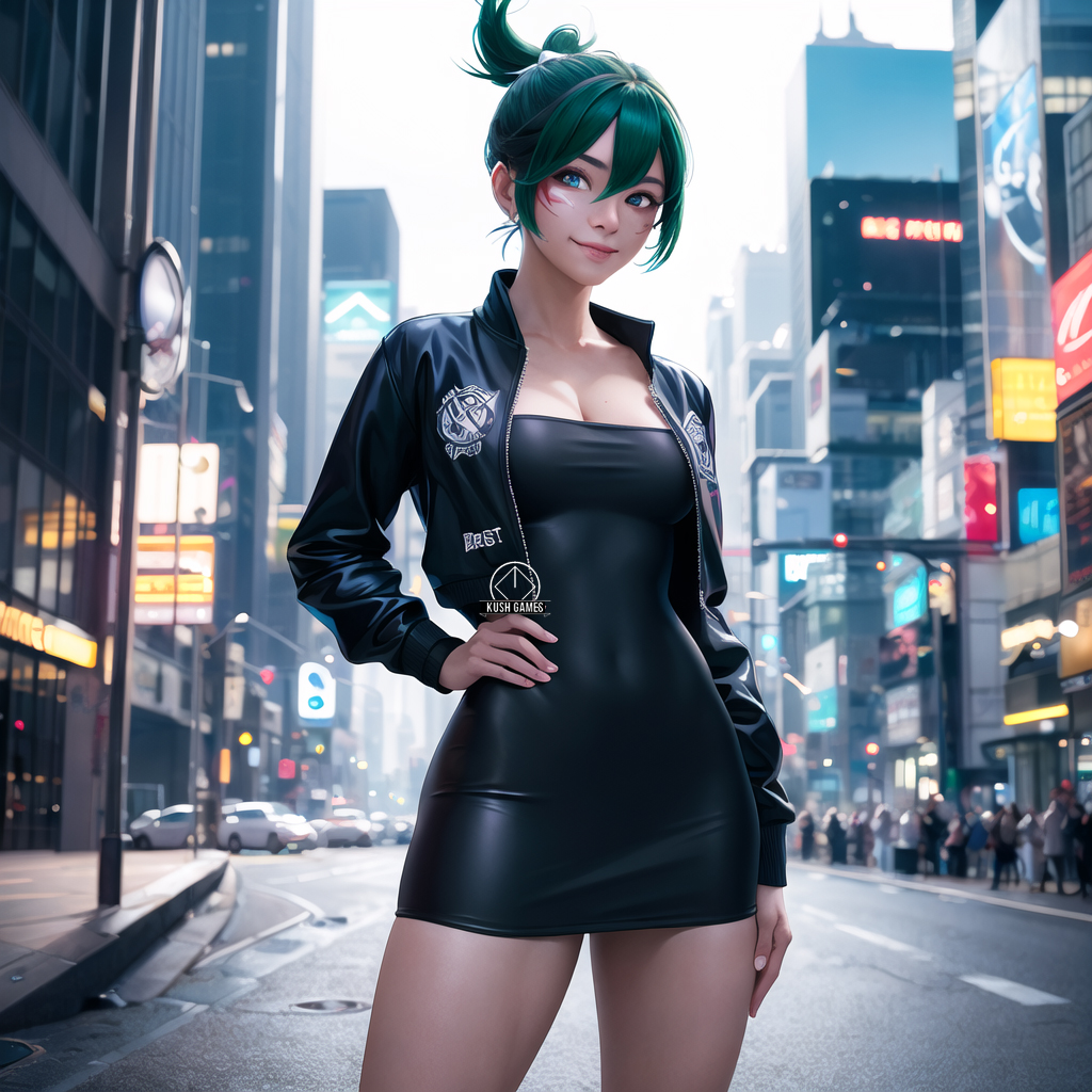 ai generated, asian, asian female, black dress, covered navel, female, green eyes, green hair, jacket, kiriko (overwatch), kush games, light skin, light-skinned female, overwatch, overwatch 2, pale skin, pale-skinned female, skin tight, skinny, thighs, white skin