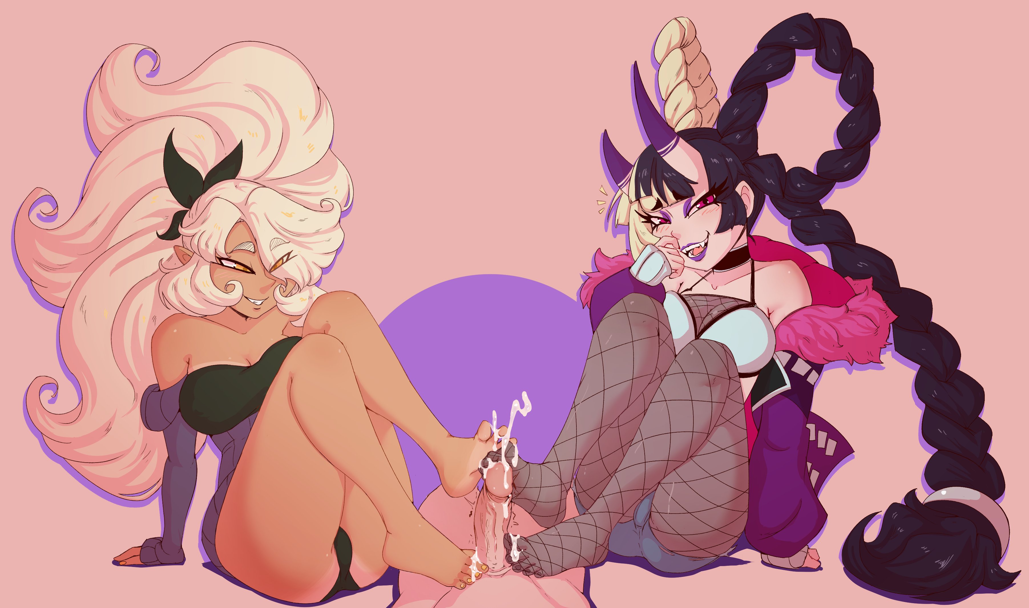 1boy, 2023, 2girls, amelia (bard-bot), ayaka (athighhighguy), bard-bot, black hair, blonde hair, blush, braided hair, breasts, cleavage, cum, cum on feet, cumshot, ejaculation, fangs, feet, female, female focus, fishnet pantyhose, fishnets, foot fetish, footjob, hair ribbon, horns, long hair, looking at viewer, male, narrowed eyes, oni, oni horns, orange eyes, original, original character, original characters, pantyhose, penis, pink background, pink eyes, pointy ears, purple lipstick, smile, smiling, smiling at viewer, smug, thick thighs, thighs, tied hair, two-tone hair, very high resolution