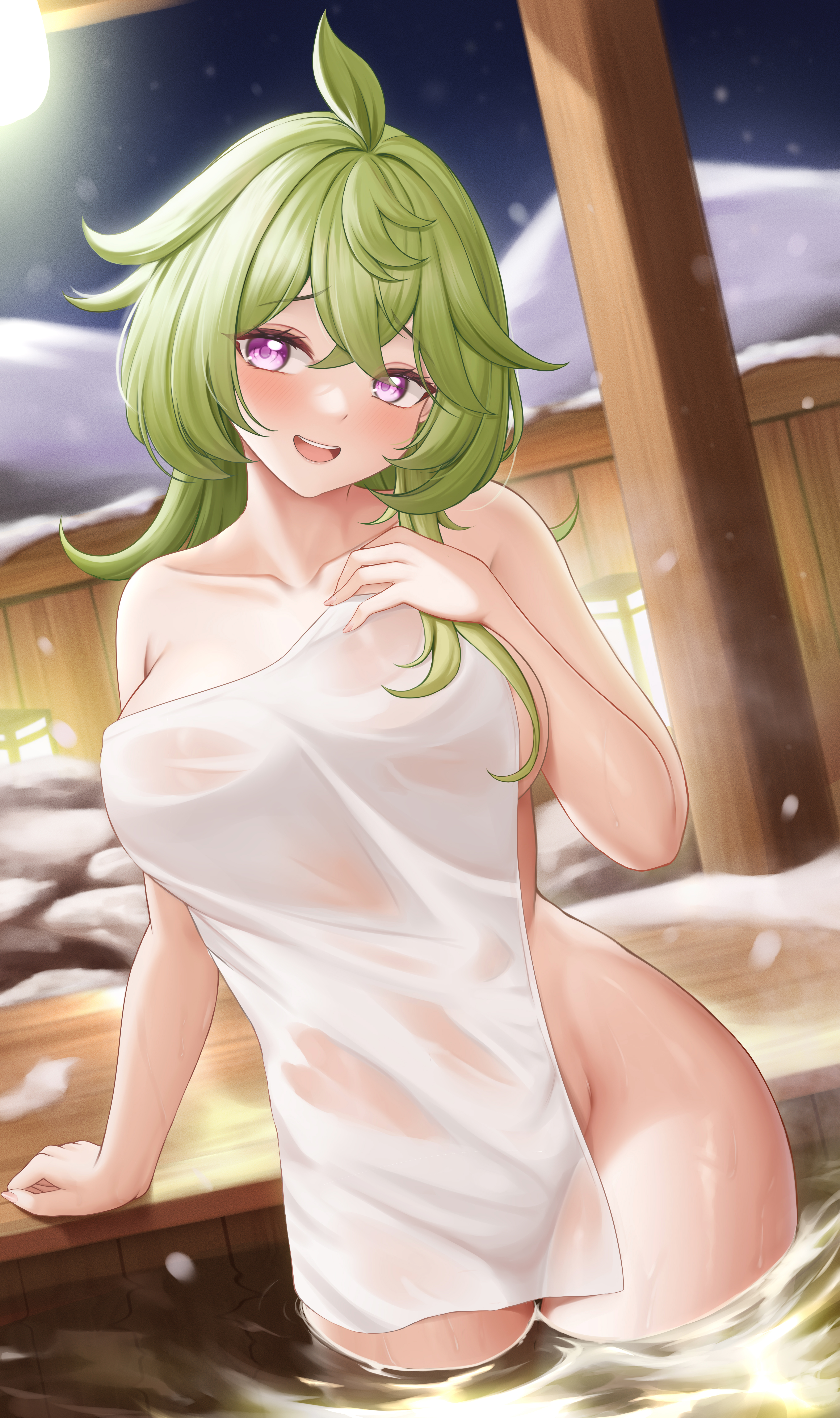 1girls, arayuki (sakurafubuki), big breasts, blush, breasts, collei (genshin impact), female, genshin impact, green hair, hot spring, naked towel, onsen, purple eyes, thick thighs, thighs, towel, voluptuous, winter