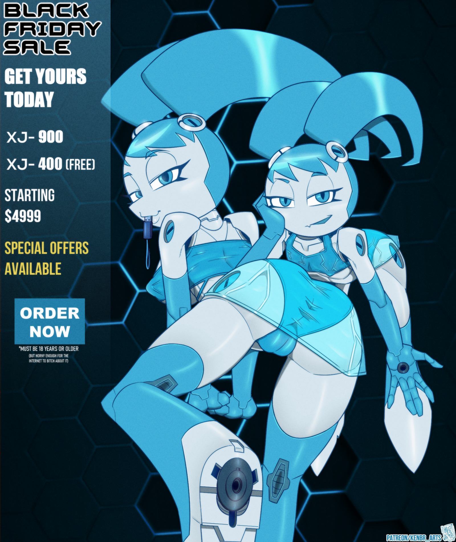 advertisement, ass, blue eyes, blue hair, blue panties, erect nipples, female, jenny wakeman, kenbr arts, my life as a teenage robot, nickelodeon, nipple bulge, nipples, panties, robot, robot girl, robot humanoid, translucent clothing, transparent clothing, twintails, white body