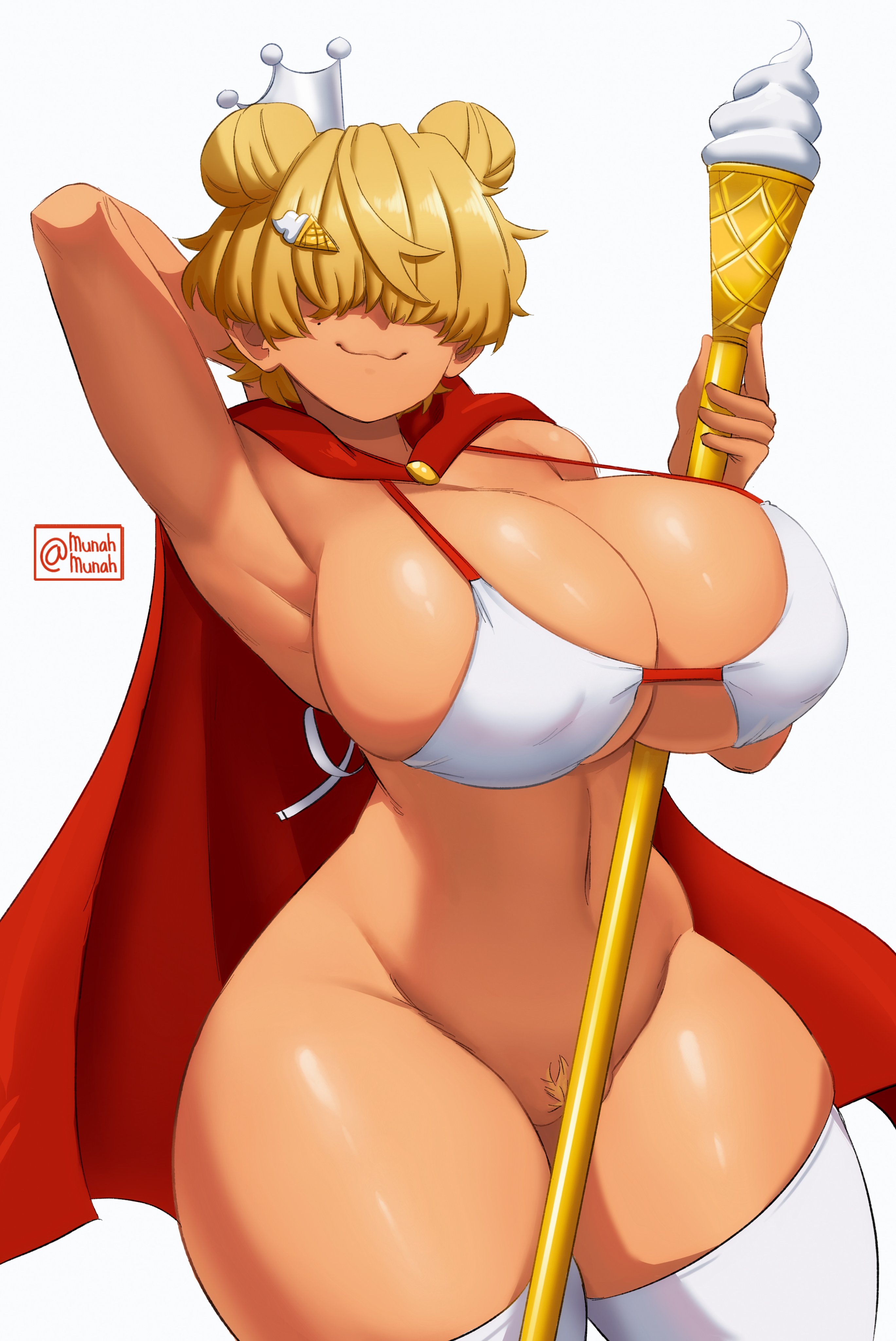 :3, 1girls, 2023, 2d, 2d (artwork), armpits, big breasts, big thighs, blonde hair, bra, breasts, busty, cape, cleavage, crown, curvaceous, curves, curvy, curvy body, curvy female, curvy figure, double bun, eyes covered, female, female focus, female only, hair bun, hair ornament, hair over eyes, hi res, highres, hips, hourglass figure, huge breasts, ice cream, large breasts, large thighs, mai munah, nipple bulge, original, original character, pubic hair, red cape, short hair, skimpy, skimpy clothes, smile, smiling, smiling at viewer, solo, solo female, solo focus, space buns, staff, thick thighs, thighhighs, thighs, thunder thighs, tomboy, voluptuous, white background, white bra, white thighhighs, wide hips