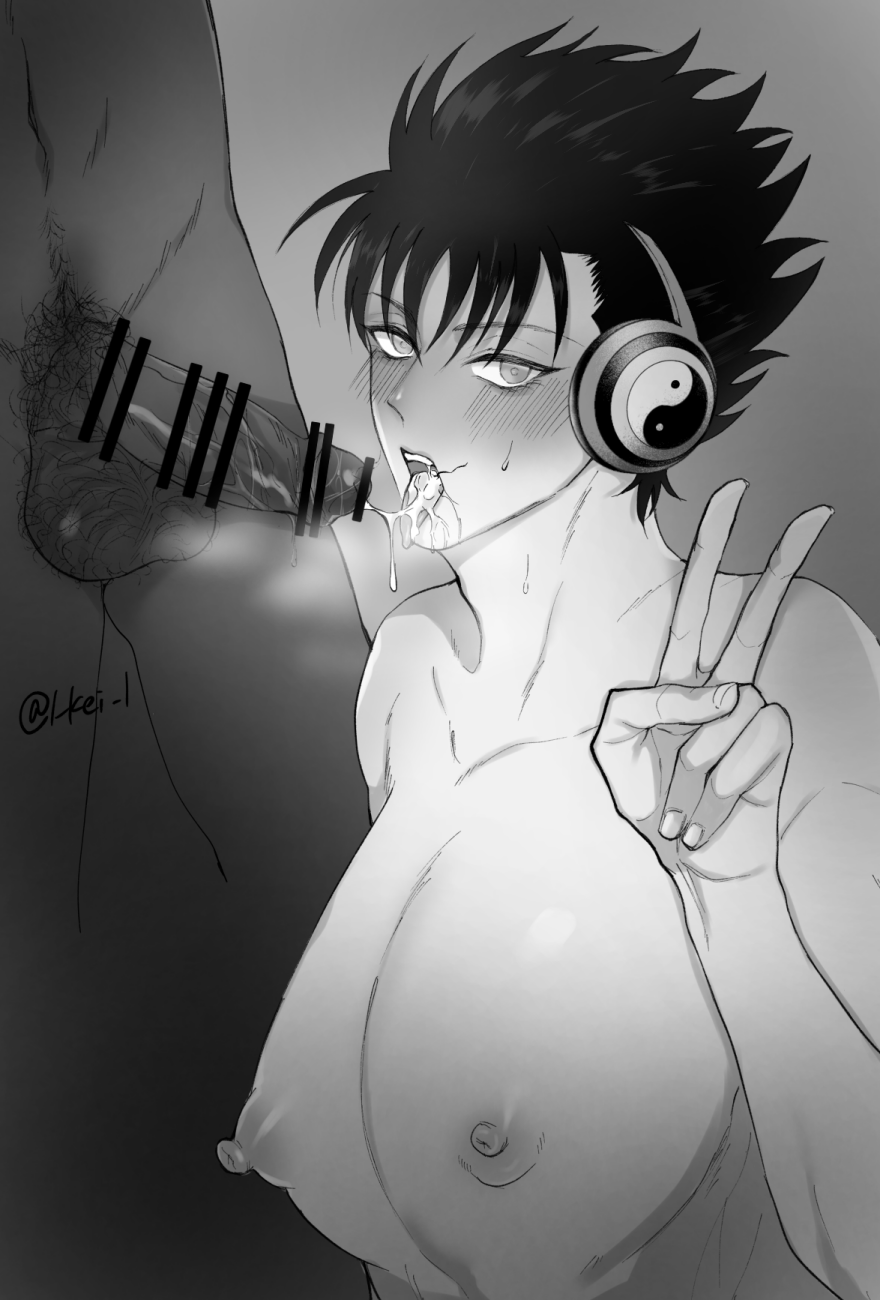 2boys after_fellatio bar_censor big_pecs bishonen blush breath cum cum_in_mouth erect_nipples fellatio gay gintama headphones kawakami_bansai l_kei_l looking_at_viewer male male_only monochrome nude open_mouth oral pecs penis solo_focus spiky_hair sweat tongue_out v veiny_penis yaoi