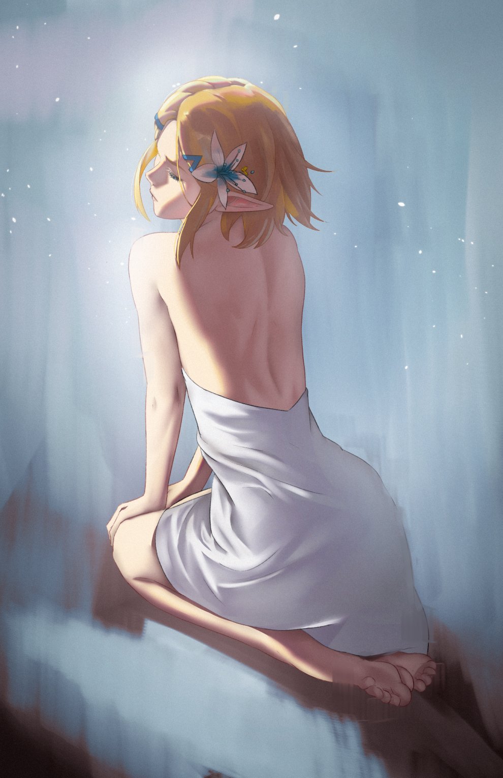 1girls ass_in_dress back back_view backless_outfit bare_arms bare_back bare_legs bare_shoulders barefoot blonde_hair blue_eyes closed_eyes dress female female_only flower frown hair_flower hair_ornament highres kneeling nintendo pointy_ears pomelomelon princess_zelda short_hair solo tears_of_the_kingdom the_legend_of_zelda topless zelda_(tears_of_the_kingdom)