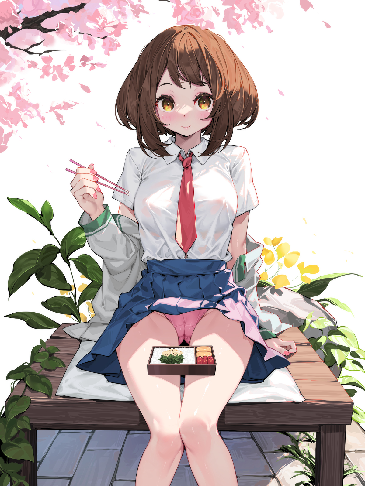 :), 1girls, amber eyes, bench, big breasts, blush, breasts, brown hair, brown-haired female, cameltoe, chest, chopsticks, eating, female, female only, knees together, legs, light skin, light-skinned female, looking at viewer, my hero academia, nail polish, nails, nipples, nipples visible through clothing, no bra, ochako uraraka, panties, pantyshot, pink panties, presenting, presenting panties, pussy, pussy visible through clothes, shirt, short hair, sitting, sitting on bench, skirt, skirt lift, smile, smiling at viewer, solo, tie, waterring, white shirt, yellow eyes