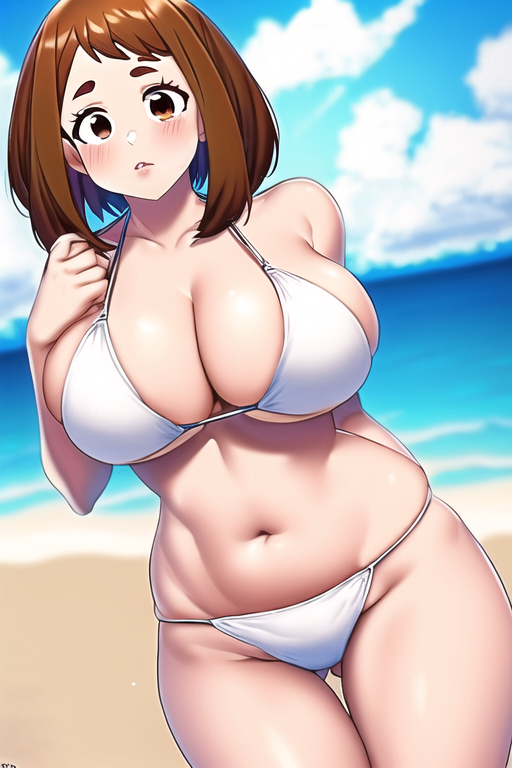 ai_generated bikini blush breasts brown_eyes brown_hair hypercummies my_hero_academia nai_diffusion ochako_uraraka puffy_lips stable_diffusion wide_hips