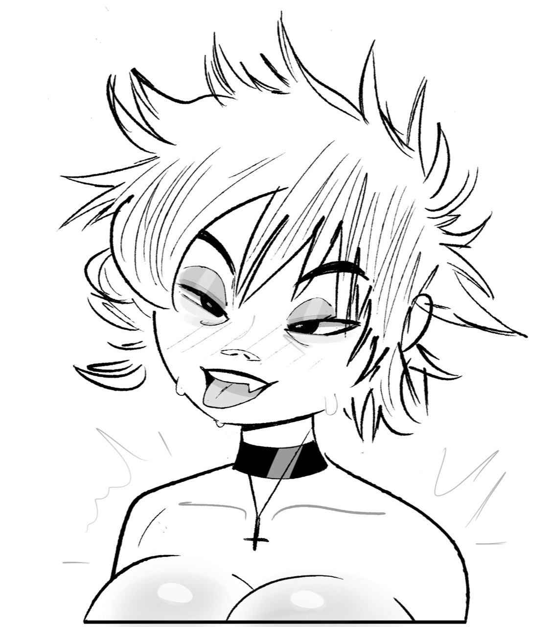 1girls, ahe gao, asian, asian female, big breasts, blush, breasts, choker, female, female only, gorillaz, noodle (gorillaz), shellzzz, short hair, sketch, solo, solo female, spiky hair, sweat, sweating, tongue, tongue out