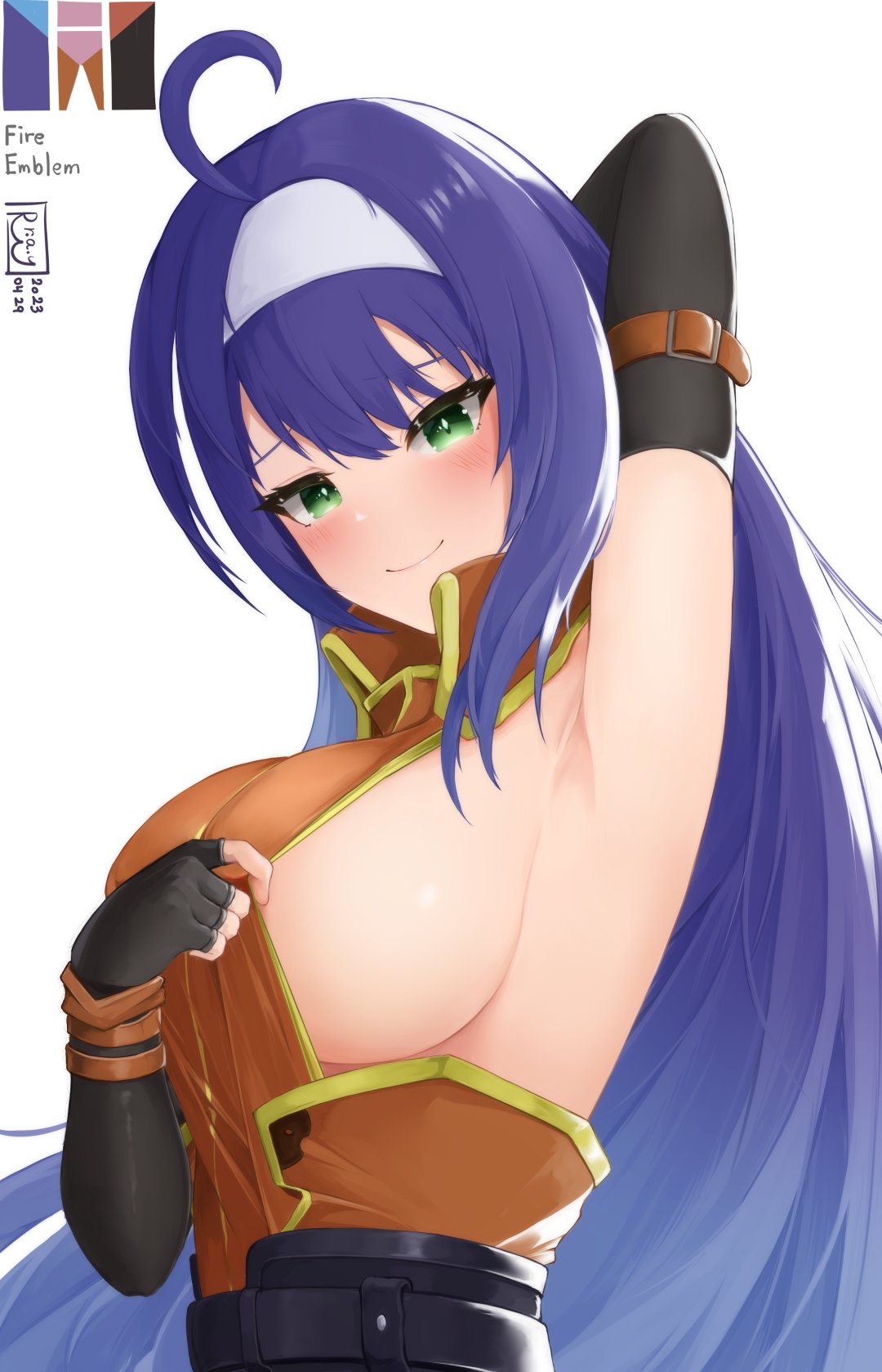 1girls ahoge armpits blue_hair breasts female female_only fire_emblem fire_emblem:_path_of_radiance fire_emblem:_radiant_dawn flashing green_eyes hairband large_breasts long_hair mia_(fire_emblem) nintendo one_arm_up ryuusaki_rei sideboob smile solo teasing