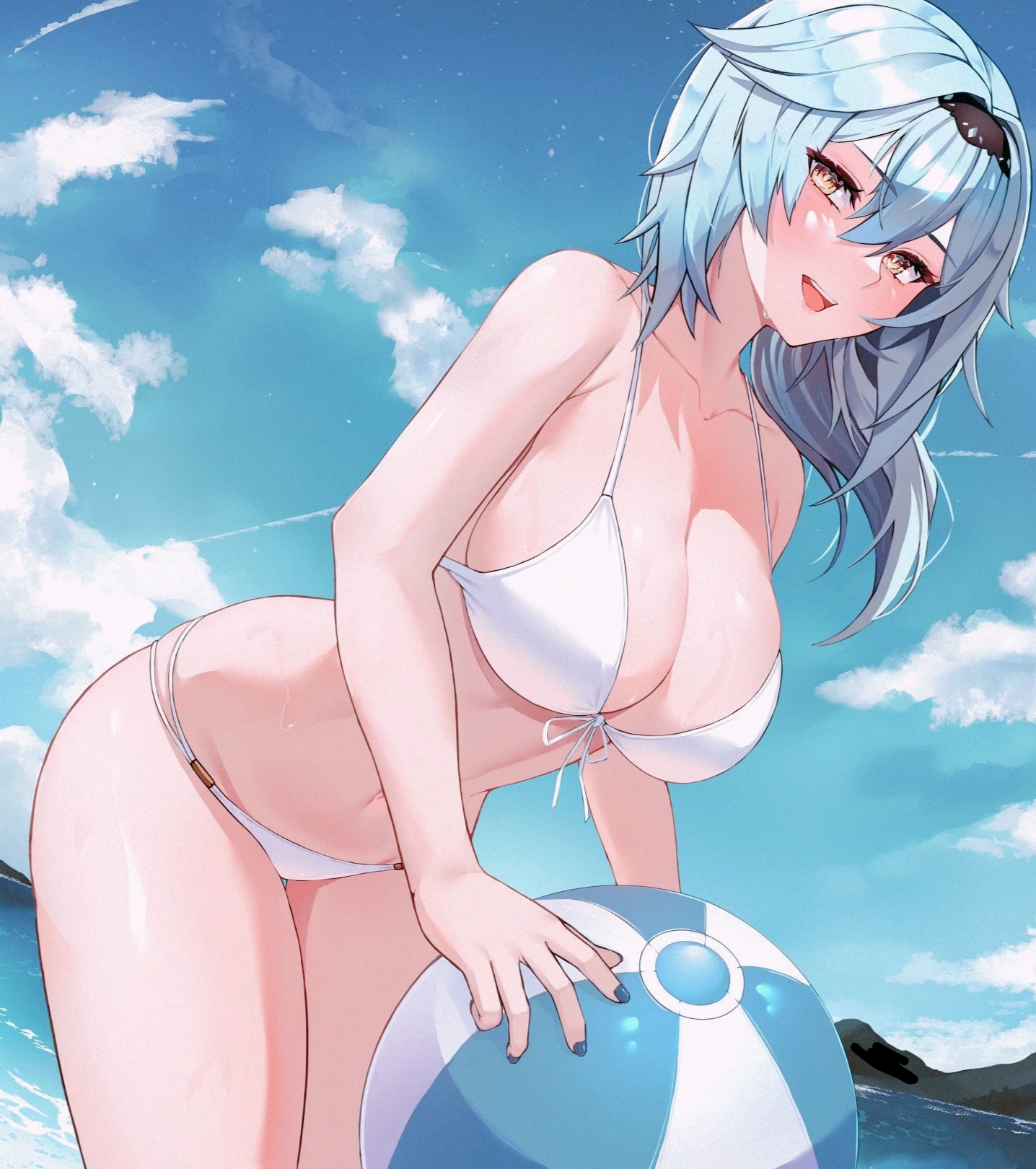 1girls, bare shoulders, beach, beach ball, belly button, bikini, bikini bottom, bikini top, blue nails, blush, breasts, clouds, cyan hair, eula (genshin impact), female, female only, genshin impact, hips, leaning forward, lessone, light skin, light-skinned female, looking at viewer, midriff, mihoyo, navel, open mouth, pale skin, pale-skinned female, sky, solo, stomach, swimwear, white bikini, white bikini bottom, white bikini top, yellow eyes