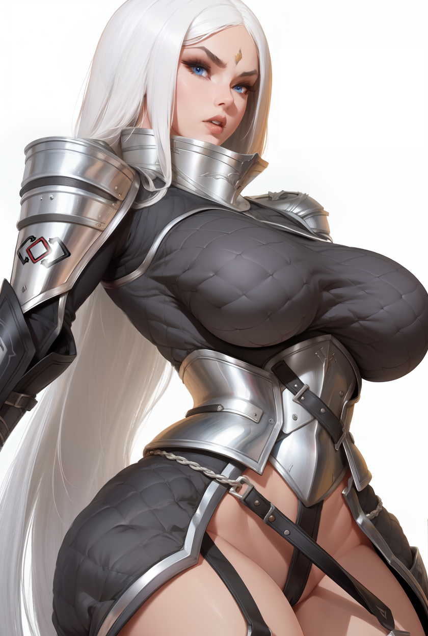 ai_generated angelise_reiter annoyed_expression armor armored_dress belt belt_buckle big_breasts blue_eyes bottomless cameltoe exposed_thighs eyelashes final_fantasy_xiv frown_eyebrows gambeson garlean knight oc sagging_breasts shiny_armor shoulder_armor shoulder_pads stable_diffusion tagme thick_thighs tight_clothing very_long_hair white_background white_hair