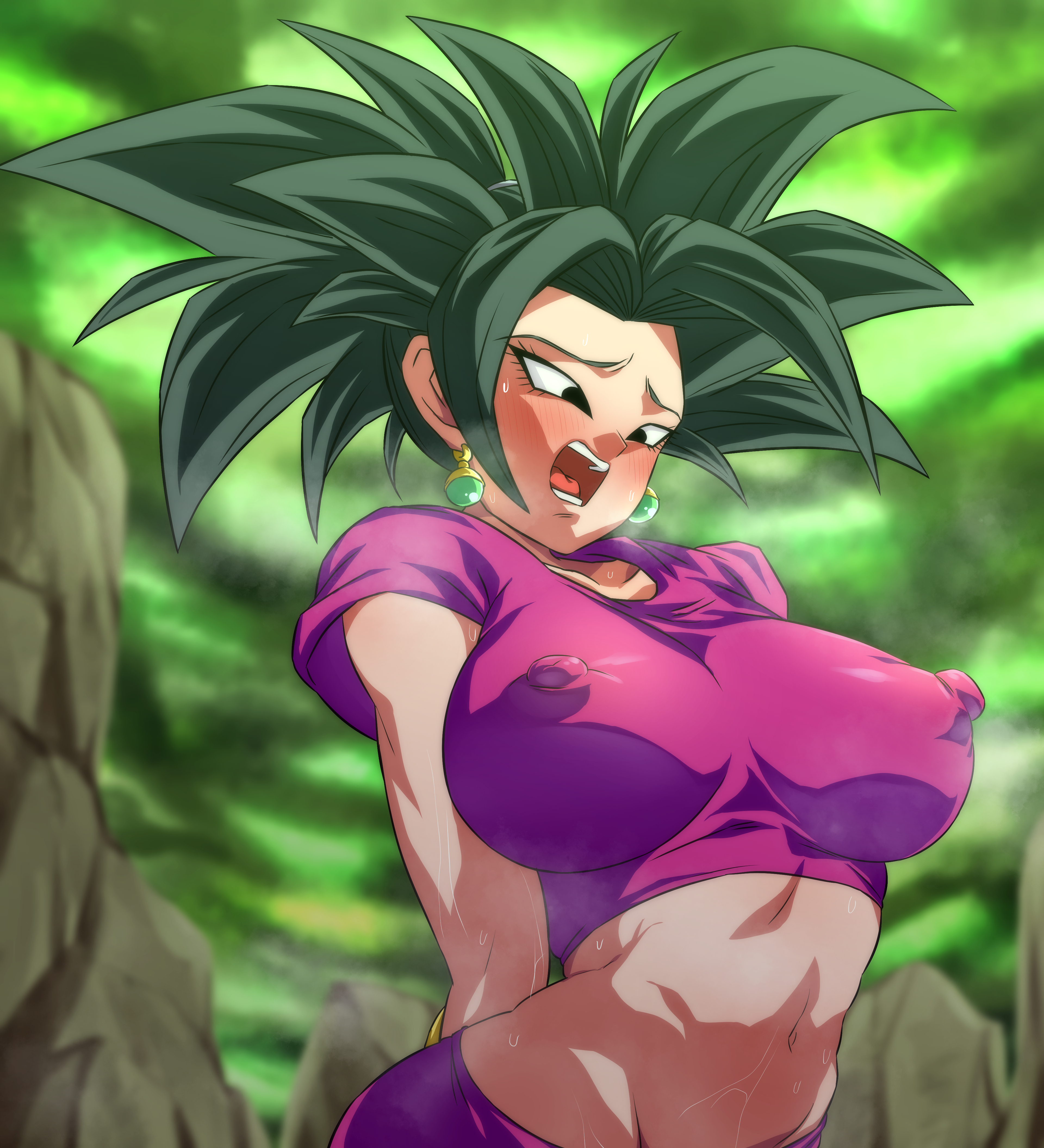 1girls, 2d, 2d (artwork), absurd res, absurdres, base form kefla, big breasts, black hair, blush, breasts, dragon ball, dragon ball super, dragon ball z, earrings, embarrassed, erect nipples, female, female focus, female only, fusion, hi res, high resolution, highres, horny, horny female, kefla, large breasts, light skin, light-skinned female, midriff, nipple bulge, nipples, potara earrings, rom, saiyan, solo, solo female, solo focus, standing, steam, steaming body, steamy, steamy breath, sweat, sweating, sweaty, tight clothing, tournament of power, tummy