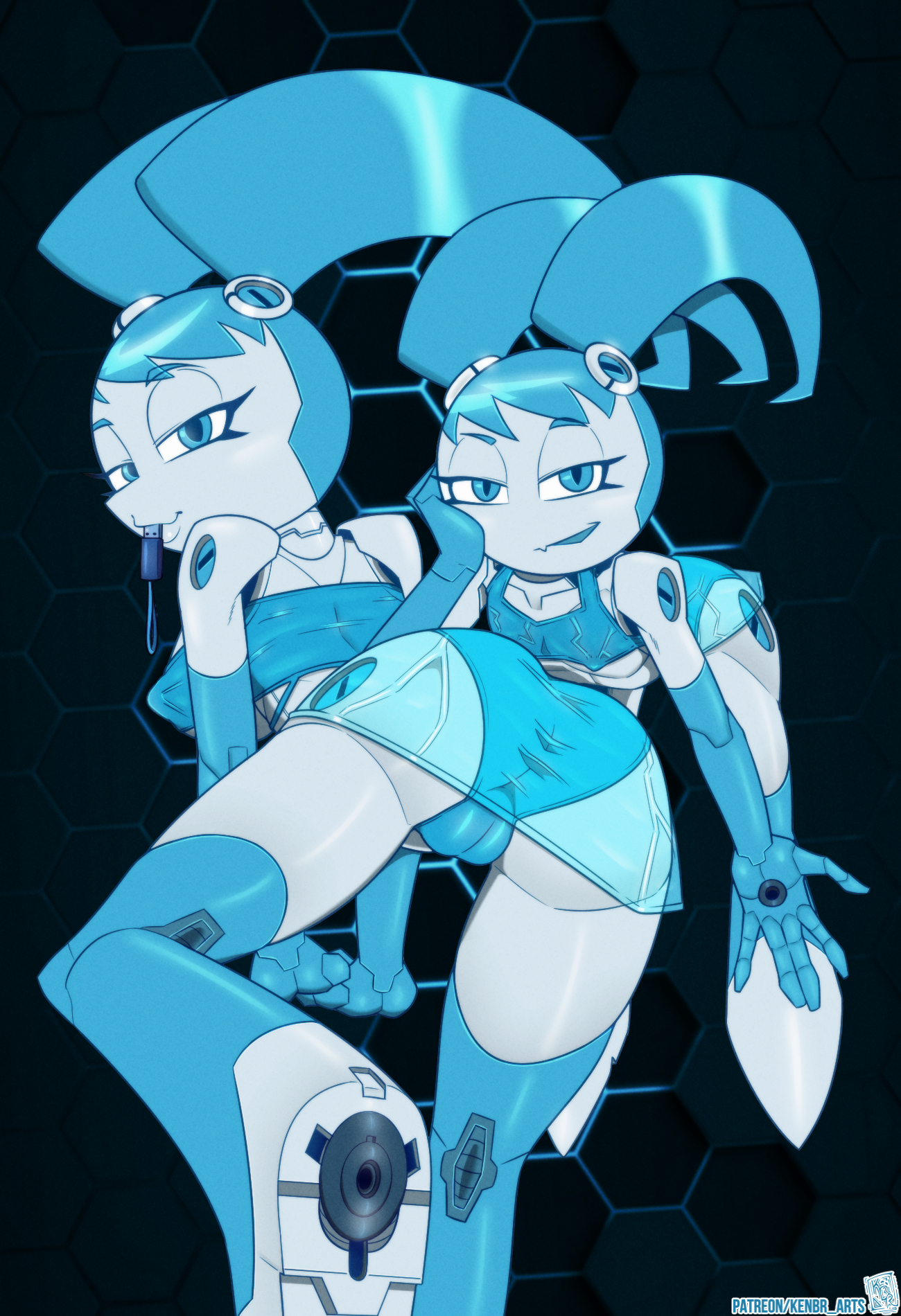 alternate version available, ass, blue eyes, blue hair, blue panties, erect nipples, female, jenny wakeman, kenbr arts, my life as a teenage robot, nickelodeon, nipple bulge, nipples, panties, robot, robot girl, robot humanoid, translucent clothing, transparent clothing, twintails, white body