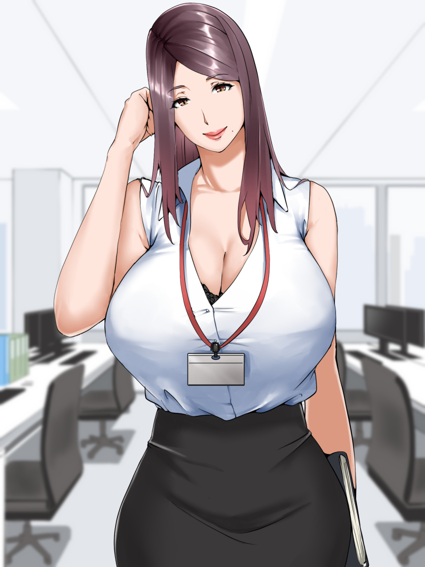 1girls, beauty mark, breasts, brown eyes, brown hair, clenched teeth, curvy, female, huge breasts, indoor, indoors, large breasts, long hair, looking at viewer, mature, mature female, milf, nypaon, office, office lady, original, original character, skirt, smiling, standing, thick thighs