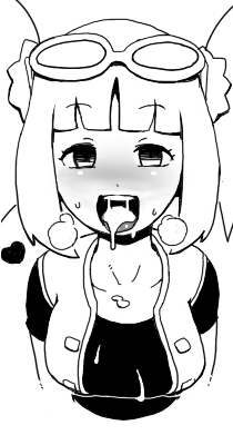 blush breasts clothing cum cum_in_mouth cum_on_body cum_on_breasts cum_on_clothes cum_on_upper_body dinosaur_king drooling heart lowres monochrome naughty_face sunglasses tamagoro tamagoroo_(funifuni_labo) tatsuno_malm tied_hair twintails vest