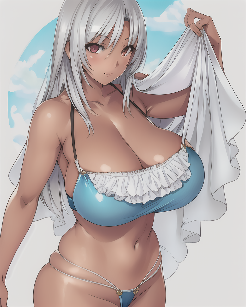 1girls ai_generated bakugan bikini blue_bikini breasts_bigger_than_head female female_focus female_only gigantic_breasts julie_makimoto long_hair silver_hair tan_body thick_ass thick_thighs towel zerjailes