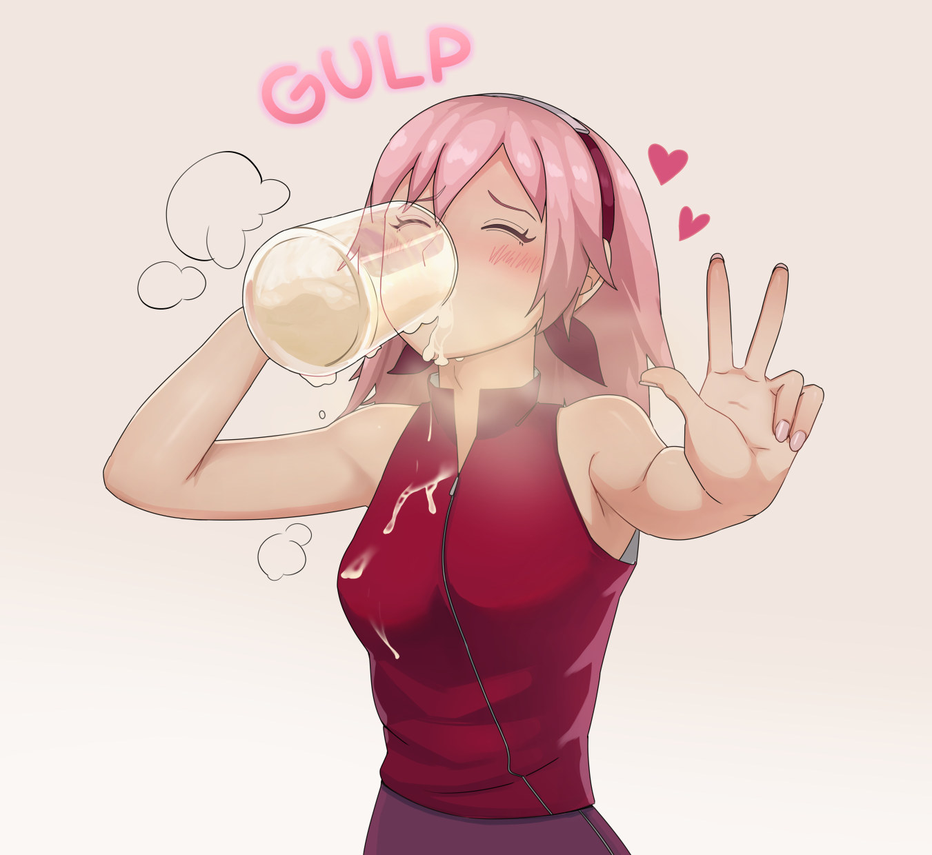 1girls, 5 fingers, armpits, blushing, cum in container, cum on clothes, drinking cum, dripping cum, eating cum, eyes closed, female, female only, gokkun, hair ornament, hearts around head, human, naruto, naruto (series), ornament, peace sign, sakura haruno, solo, sweatdrop, v sign