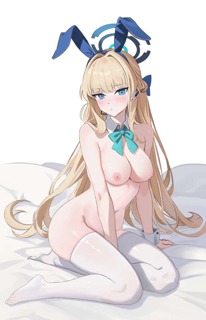 animal_ears bare_shoulders blonde_hair blue_archive blue_eyes bow bowtie breasts detached_collar earpiece english_commentary female full_body gyunzai halo highres looking_at_viewer medium_breasts microphone millennium_science_school_student navel nipples nude rabbit_ears sitting solo stomach thighhighs toki_(blue_archive) toki_(bunny)_(blue_archive) white_thighhighs wrist_cuffs yokozuwari