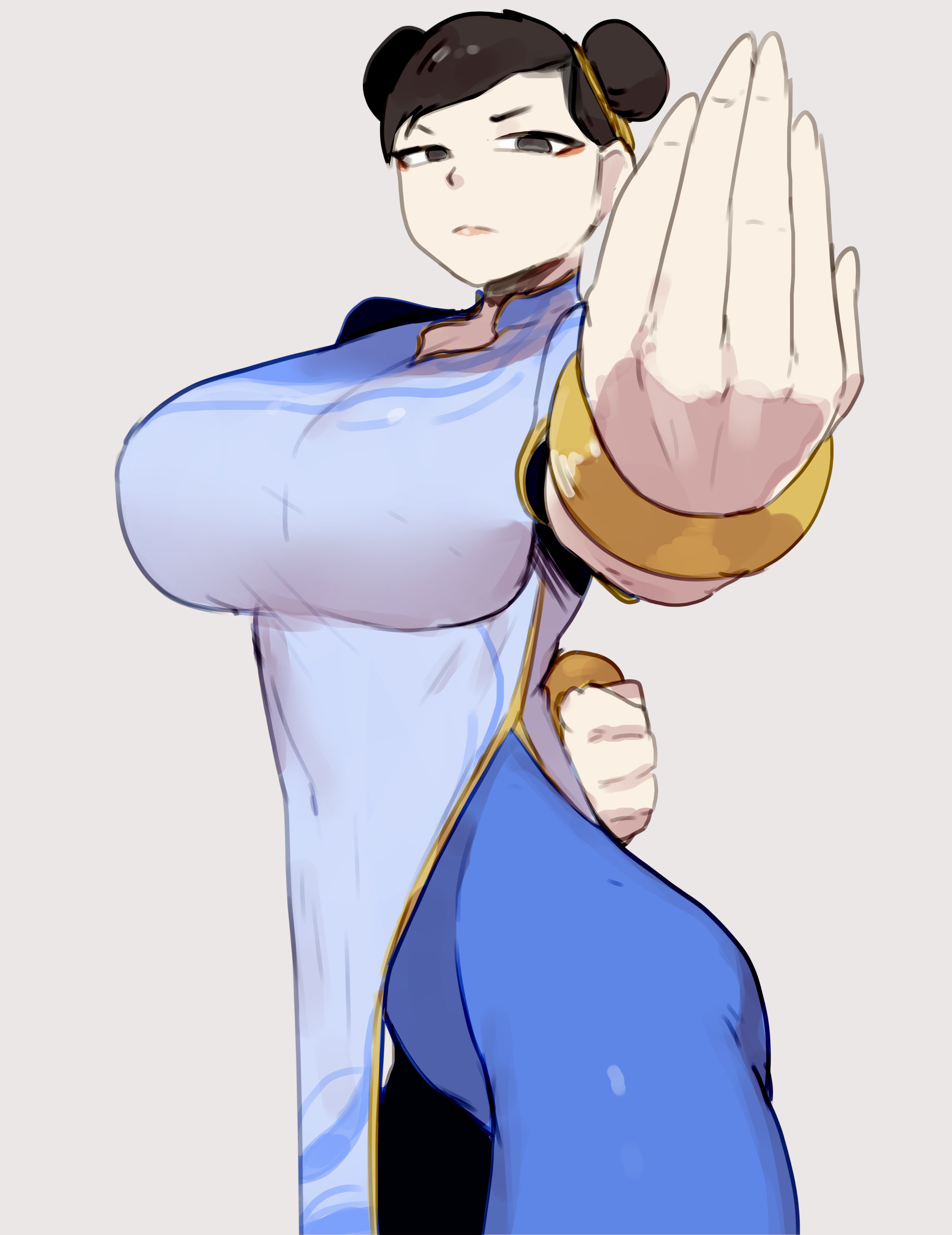 1girls, absurd res, asian, asian female, big breasts, black eyes, breasts, brown hair, buta99, capcom, chinese clothes, chun-li, female, female only, fighting stance, fully clothed, hair bun, looking at viewer, simple background, solo, street fighter, street fighter 6, twin buns