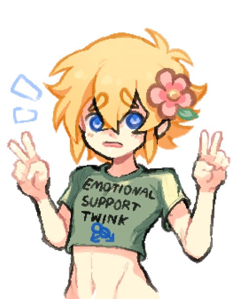 1boy basil_(omori) blonde_hair blonde_hair_male femboy feminine_male flower flower_in_hair girly male_only navel omori real_world sanikink_(artist) shirt tagme twink